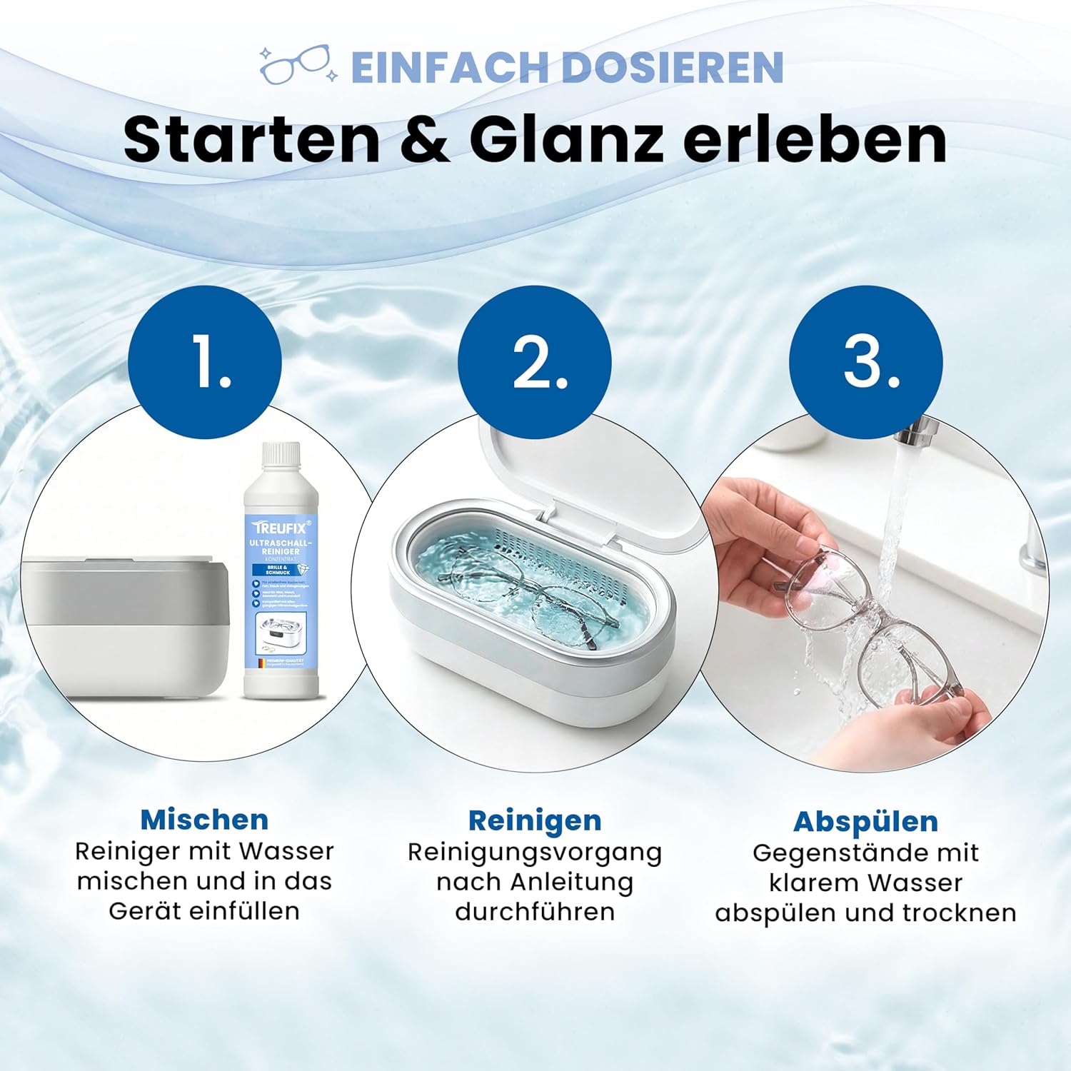 Detalle 2 de Treufix Ultraschallreiniger Konzentrat – Brillen- & Schmuckreiniger, 750 ml, Made in Germany