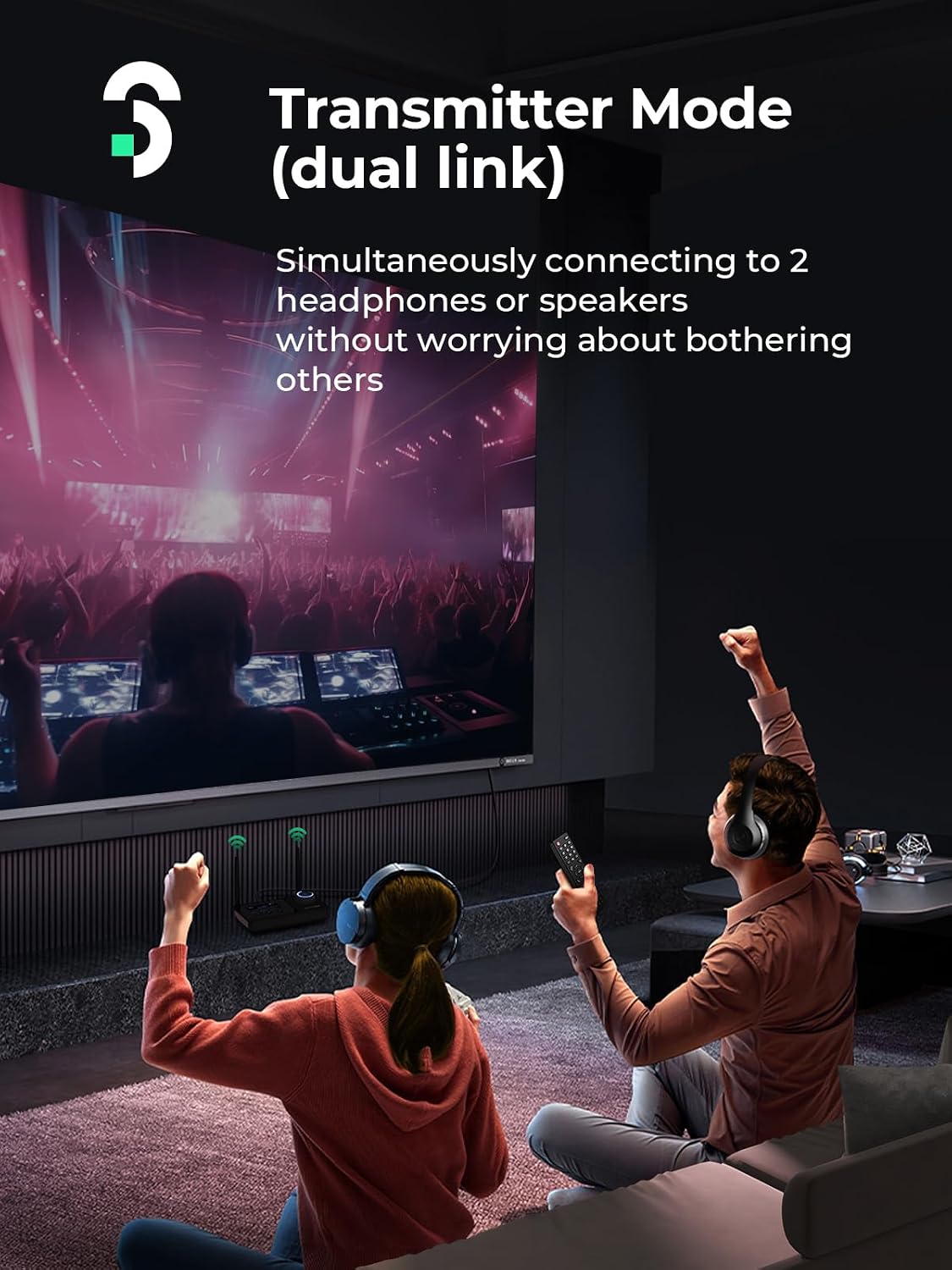 Detalle 2 de Soomfon Emetteur Récepteur Bluetooth 5.3 3 en 1 pour TV (TX/RX/Bypass) double connexion, portée jusqu’à 30 m