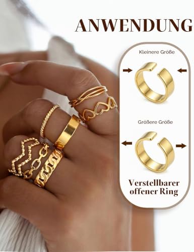Detalle de JeweBella 12 Stück Gold-Wasserfestes Edelstahlringen-Set – Verstellbar, Vielseitig & Stilvoll