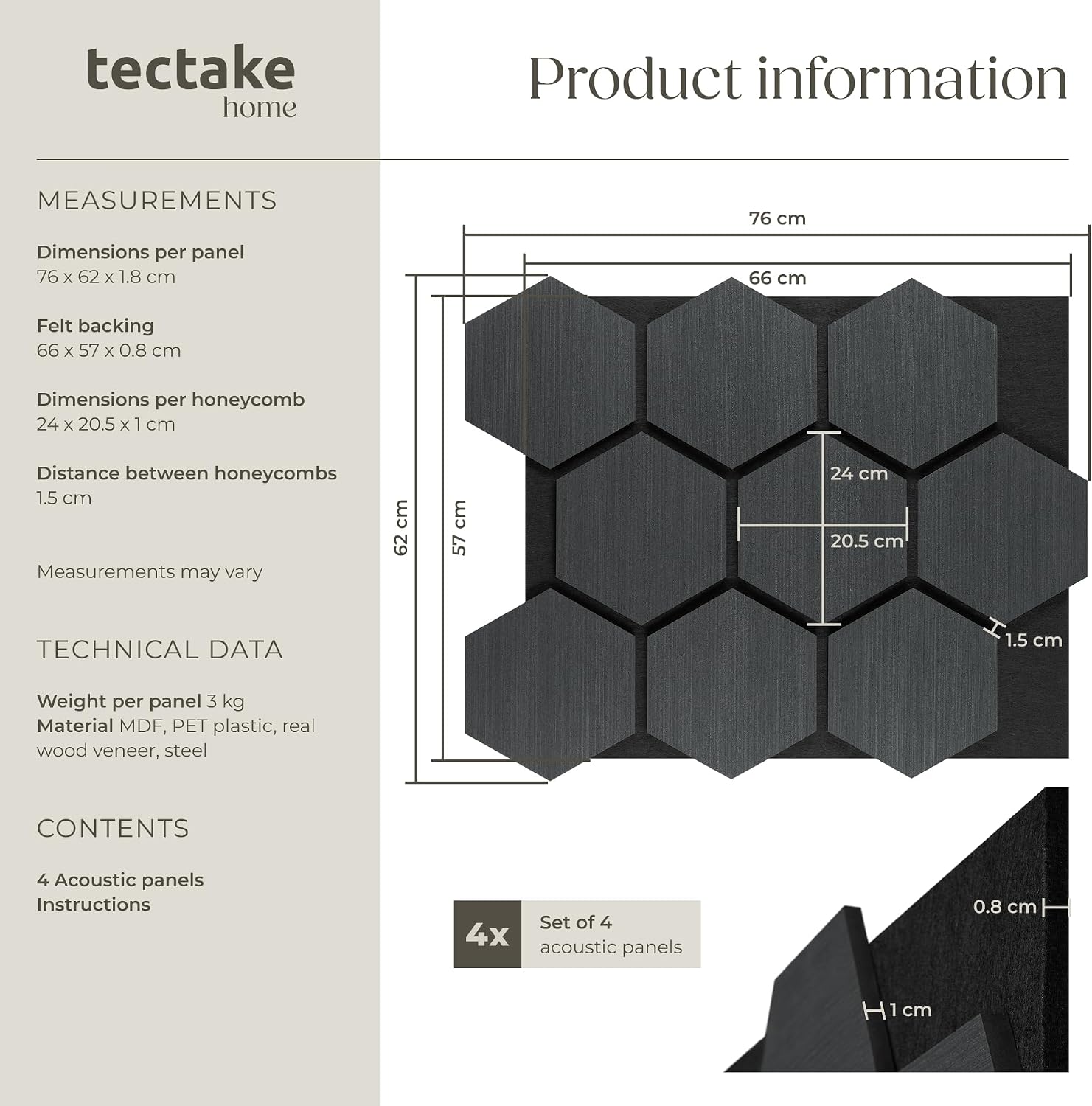 Detalle 2 de tectake Sonic Shield akustikpaneler, 76 × 62 cm, svart ekfanér, kapbara