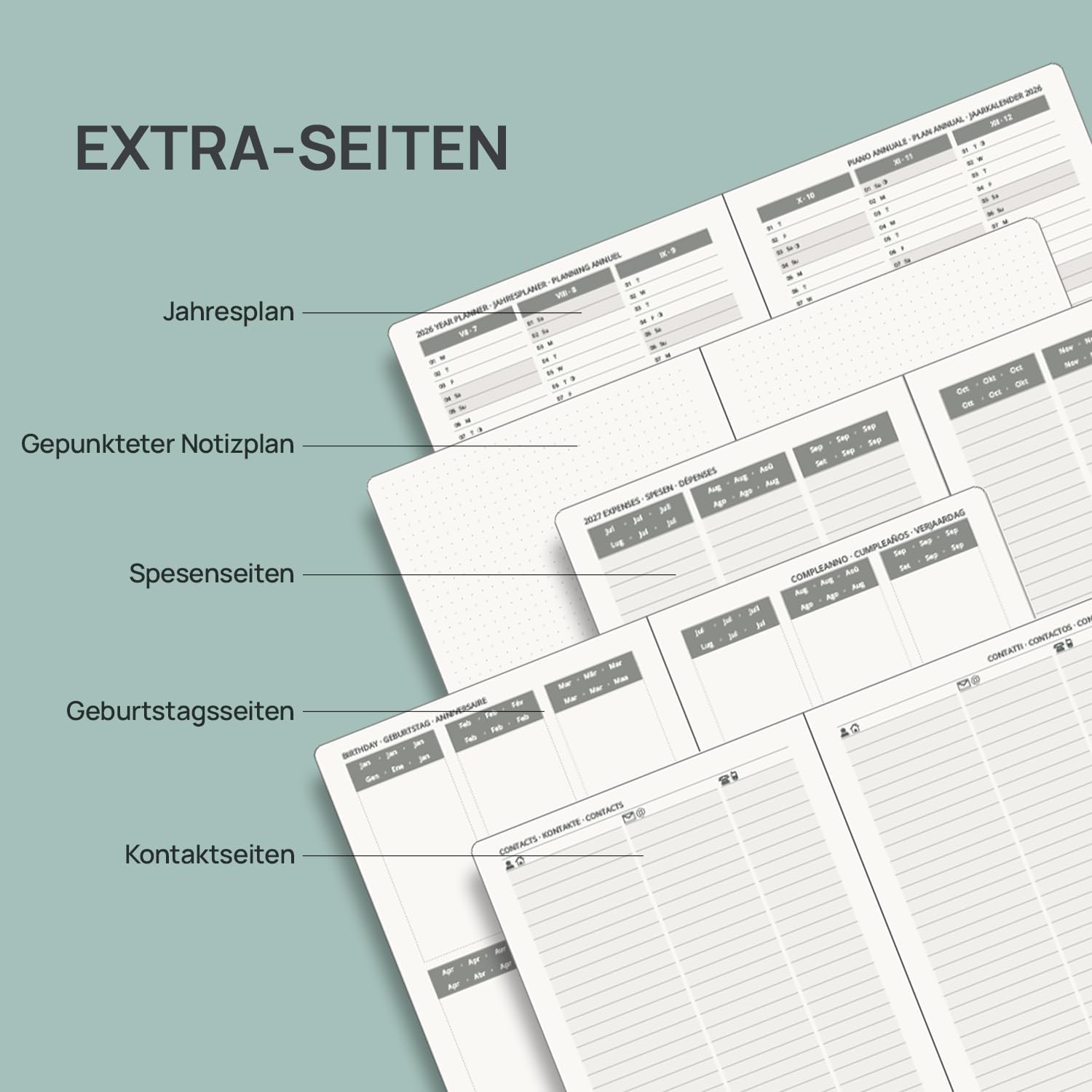 Detalle de POPRUN Kalender 2026/2027 – Buchkalender und Notizbuch im A5-Format, Wochenplaner mit PU-Leder in Petrolgrün