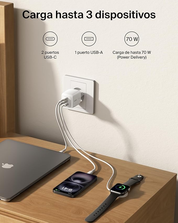 Thumbnail 1 de Belkin Cargador USB‑C 70 W, 3 puertos