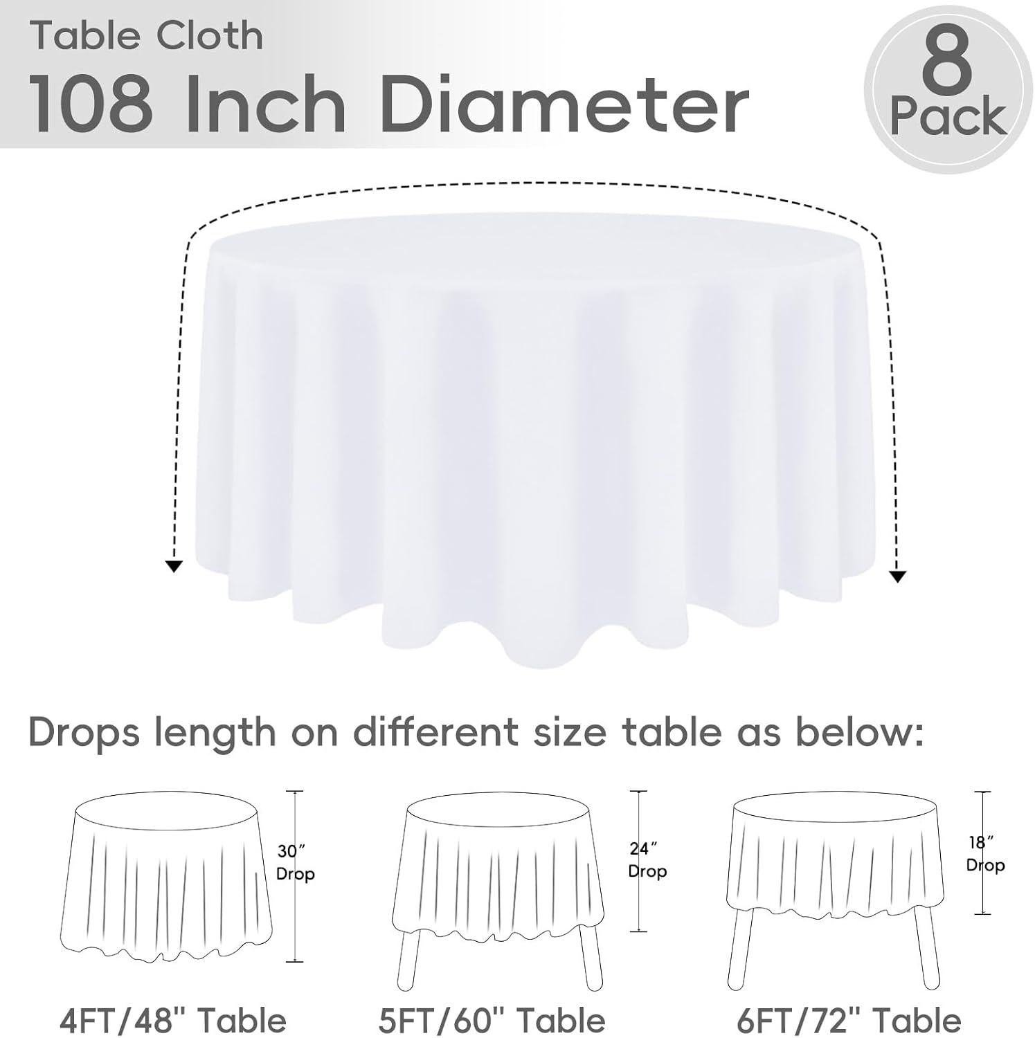 Thumbnail 2 de RestfulGlow 8-Pack 108-Inch White Round Tablecloth (Washable Polyester) for Round Tables