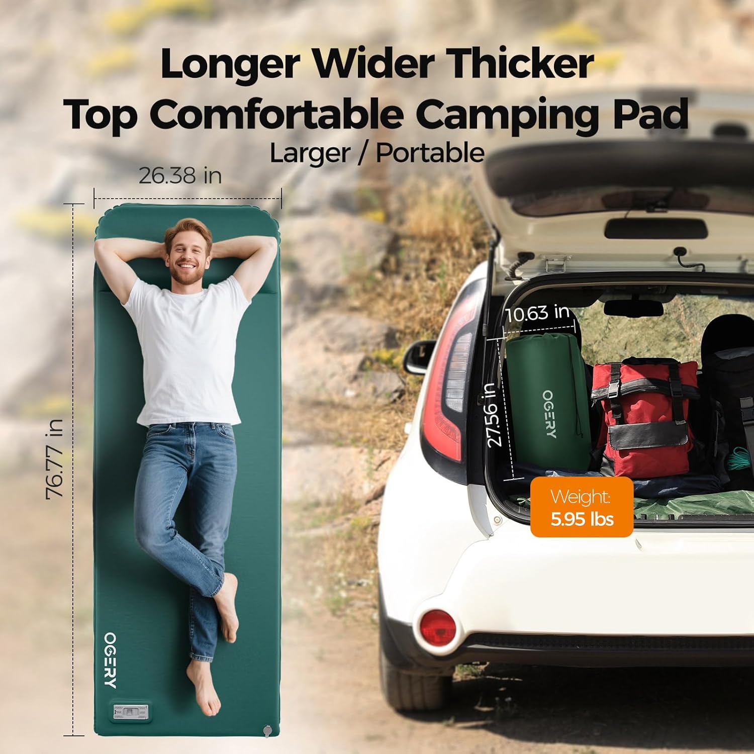 Detalle de OGERY Self-Inflating Sleeping Pad with Electric Pump: 3.15-Inch Memory Foam Comfort for 4-Season Camping
