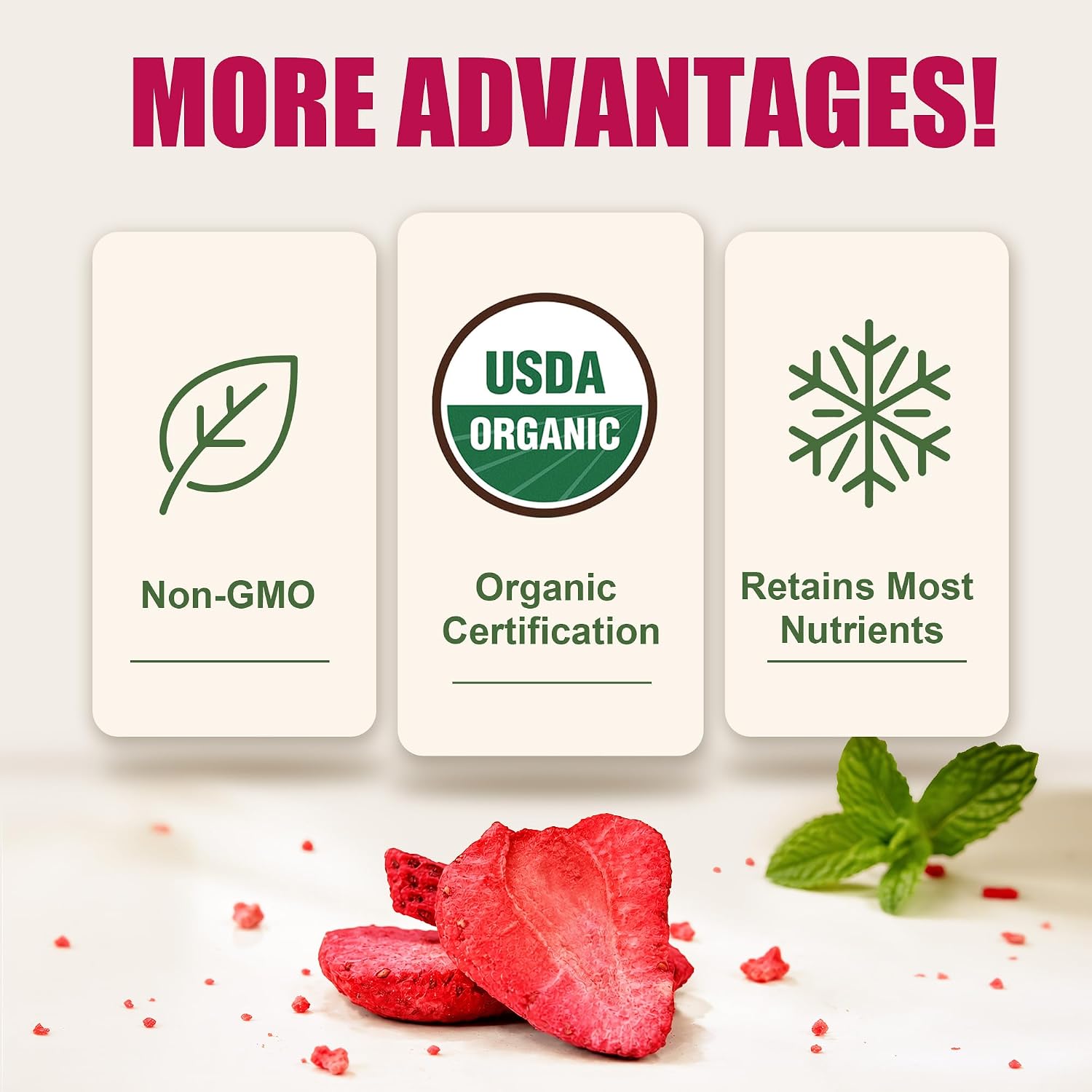 Detalle de PlompBery Organic Freeze-Dried Strawberry Slices, 8.8 oz, No Added Sugar