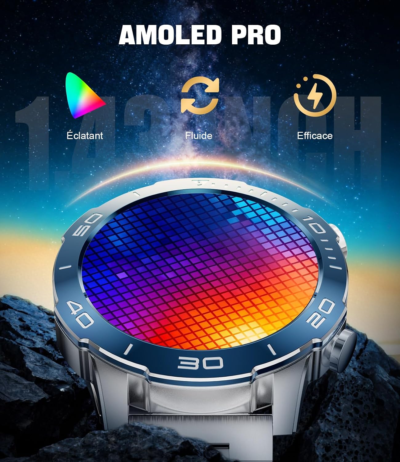 Detalle de Montre Connectée Homme Militaire : Batterie longue durée, écran AMOLED 1,43" et 170+ modes sportifs
