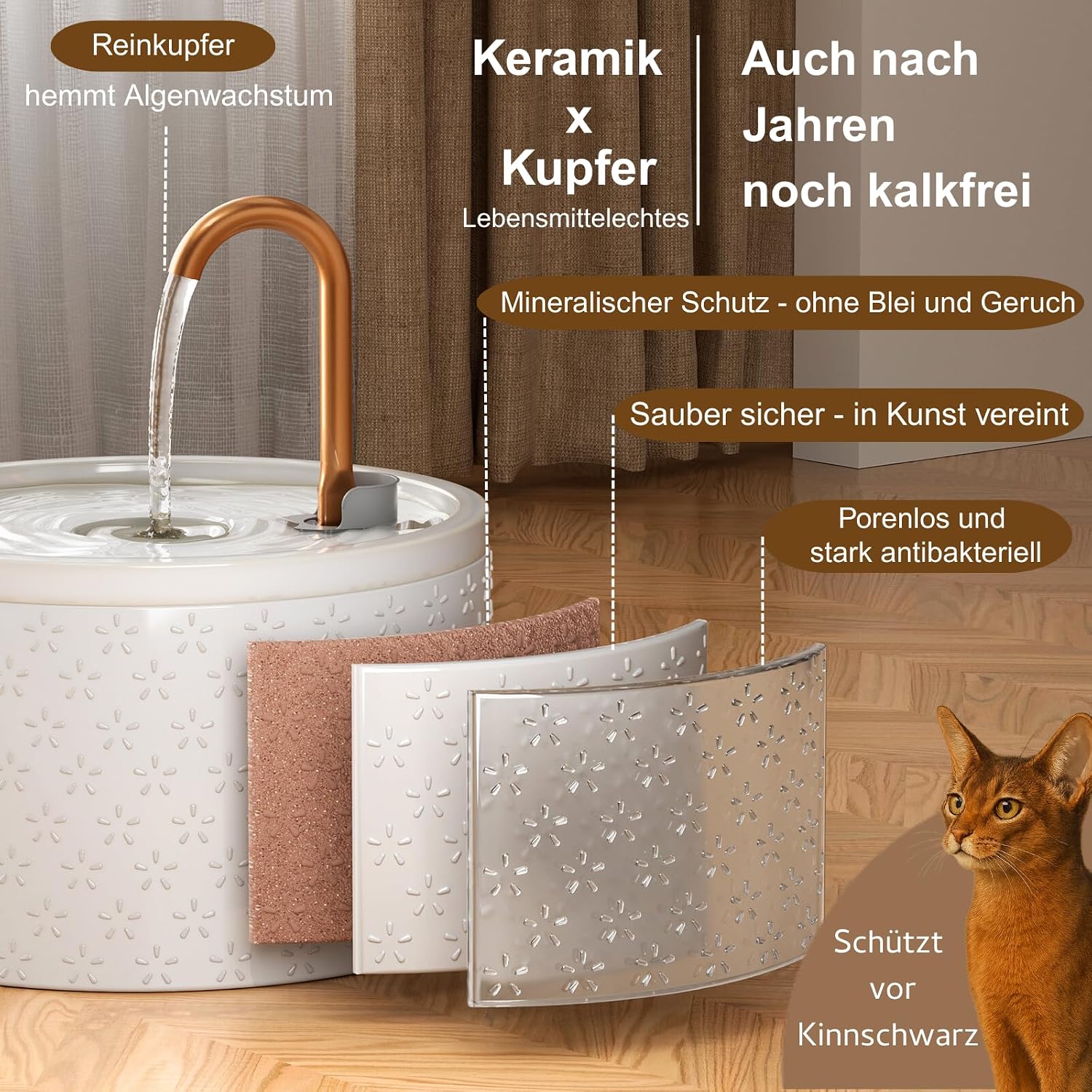 Detalle 2 de MISFANS Katzenbrunnen aus Keramik mit Kupferrohr (2,1 l) – leiser Trinkbrunnen mit 3-fachem Filtersystem