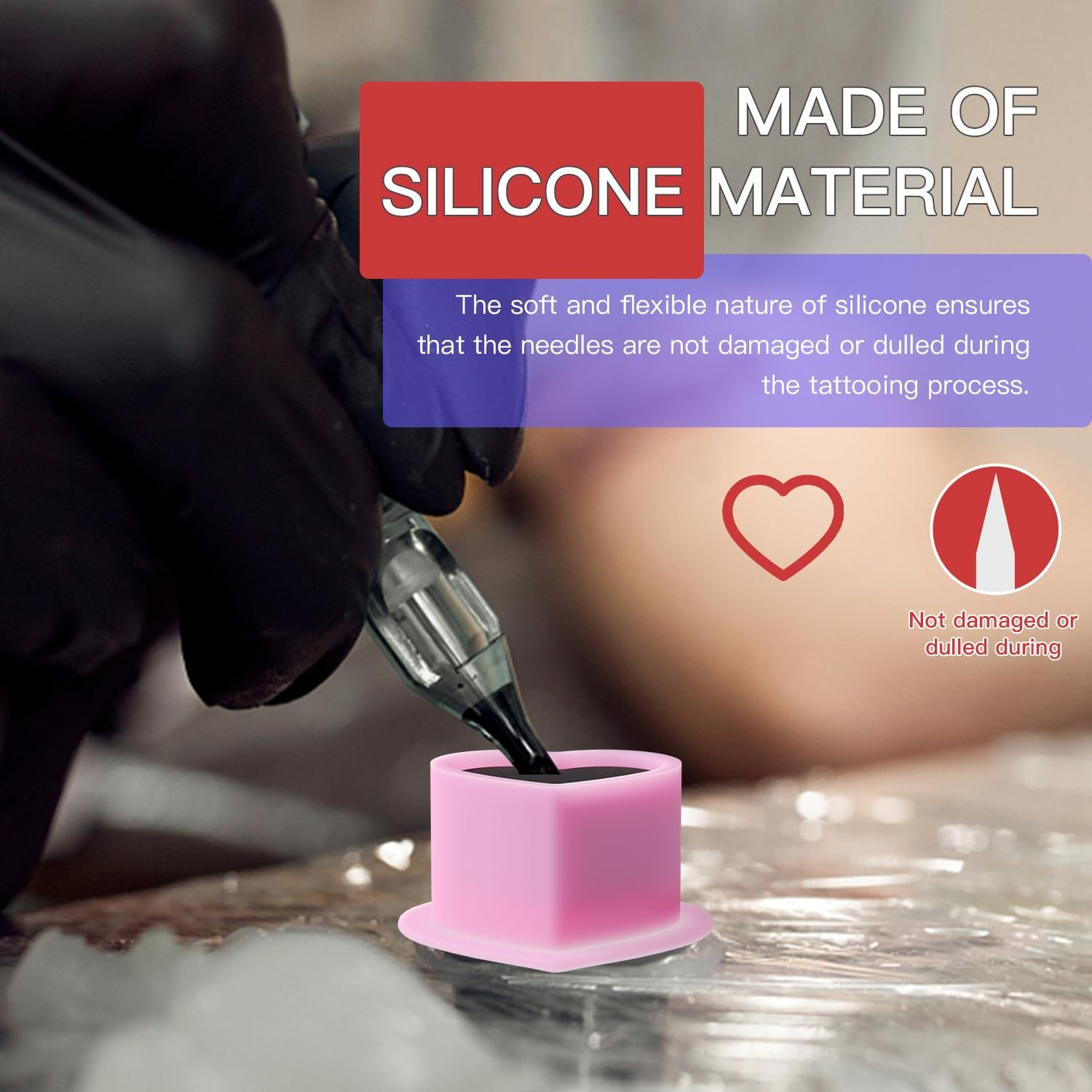 Detalle de Tattoo Ink Cup Heart-Shaped Silicone Cup (200 Mix) – Durable, Reusable, Handy for Tattoo, Eyebrow, Lip Colour and Nail Art