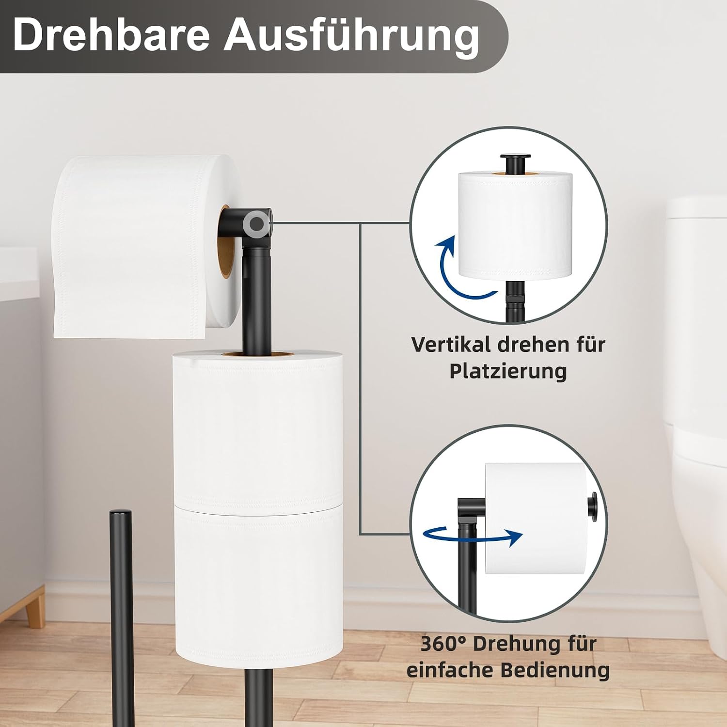 Thumbnail 3 de Susswiff Piantana portarotolo e scopino WC in acciaio inox Nero, con base stabile e supporto per 2 rotoli