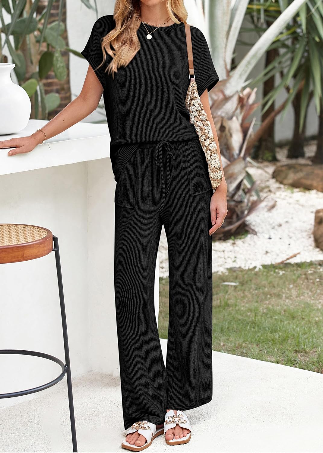 Detalle de KIRUNDO 2 Piece Sets for Women — Dressy Casual Ribbed Knit Short Sleeve Tops & Wide Leg Pants Lounge Set