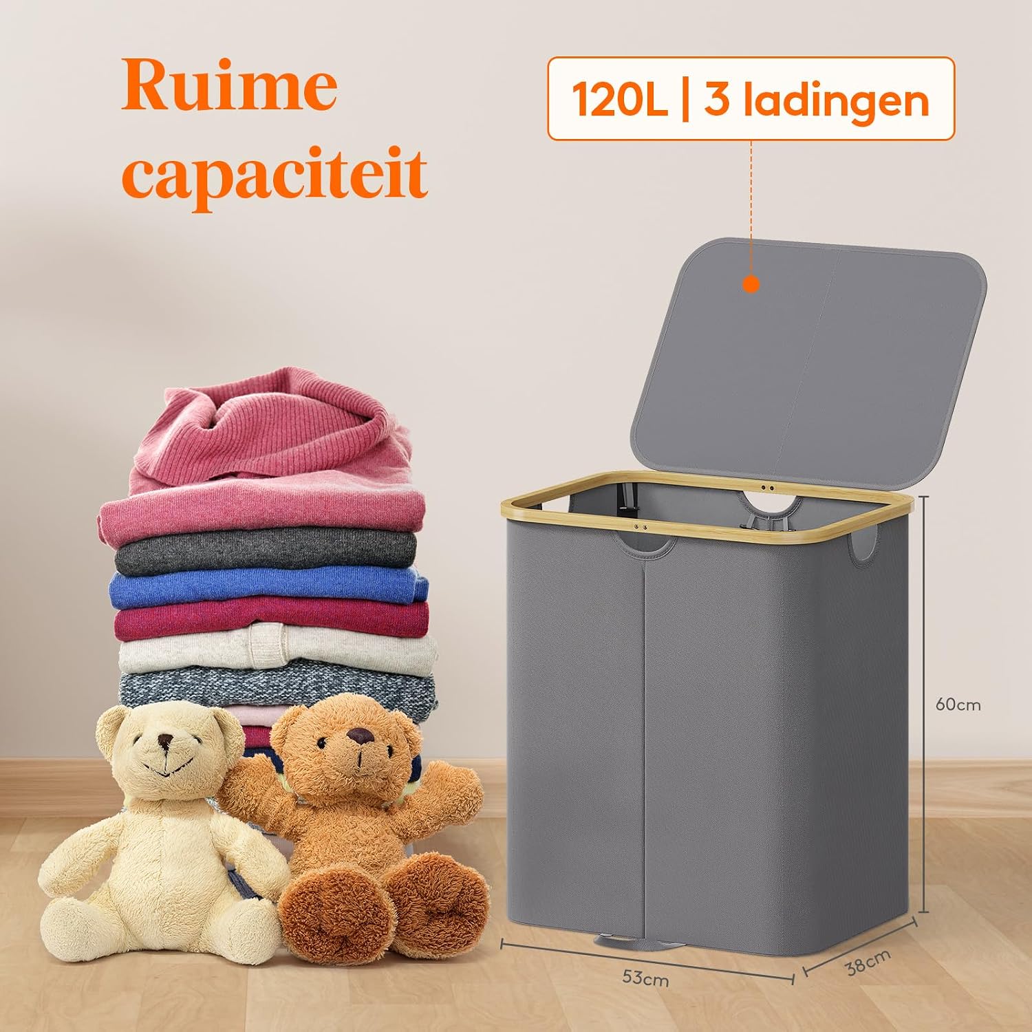 Detalle de Lifewit wasmand 120 L met deksel, 2 vakken en uitneembare waszakken