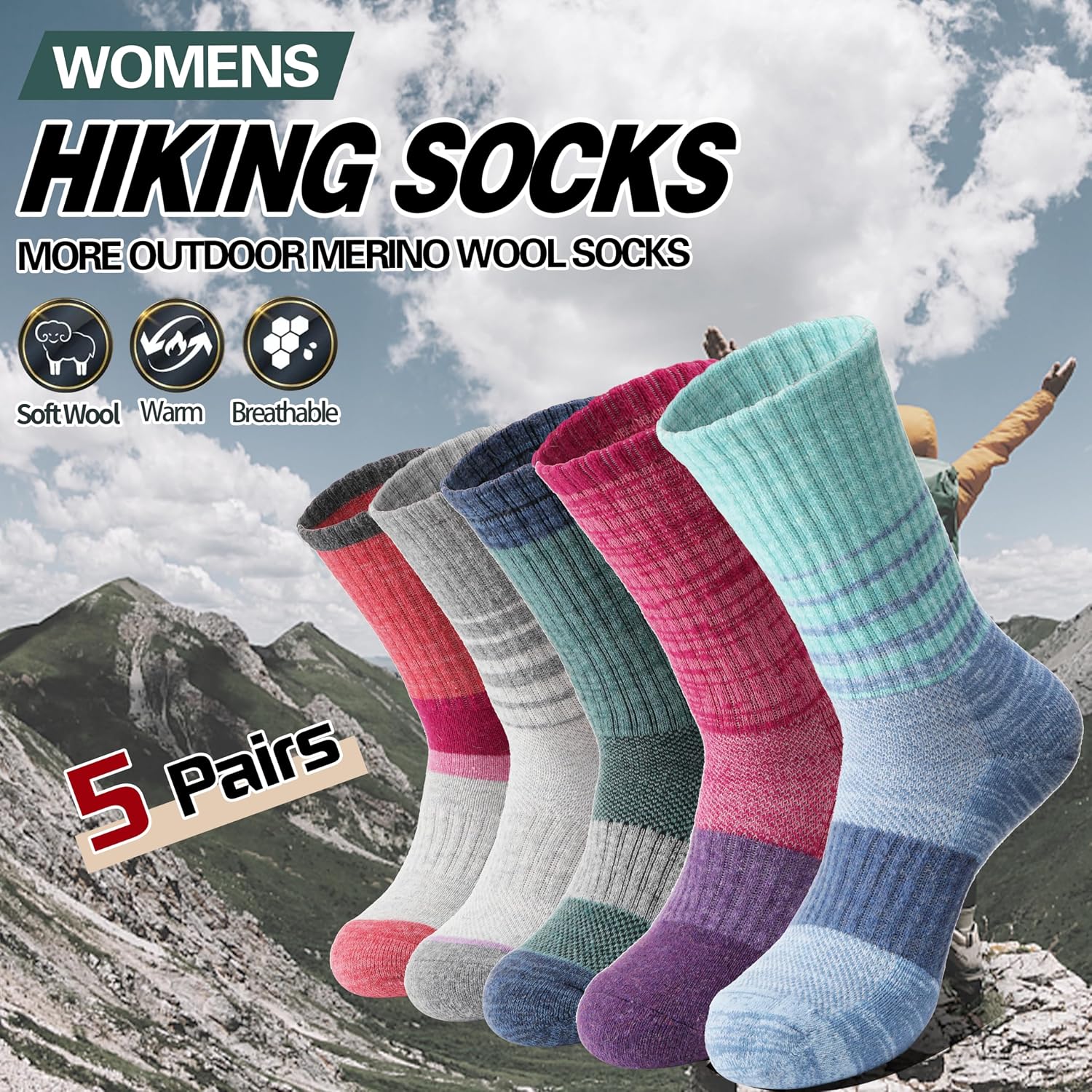 Detalle 2 de Anlisim Merino Wool Hiking & Running Socks for Women, 5 Pairs with Arch Support