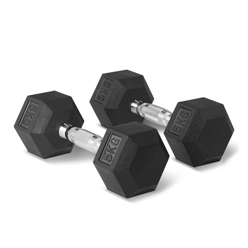 Detalle de Amazon Basics Rubber Encased Hex Dumbbell Weights Set, 5 kg (2 x 5 kg) – Black