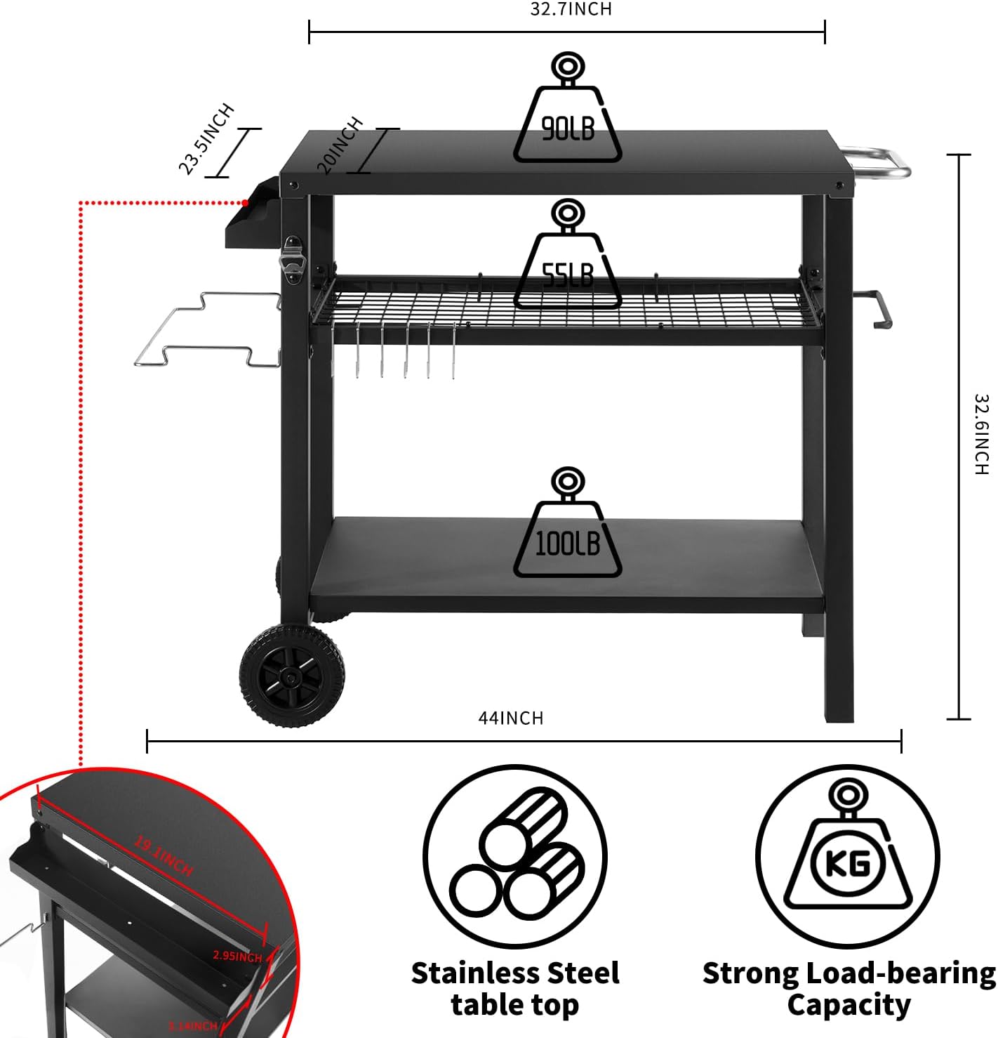 Detalle 2 de Kendane CA-21 3-Shelf Grill Cart with Utility Hooks and Wheels