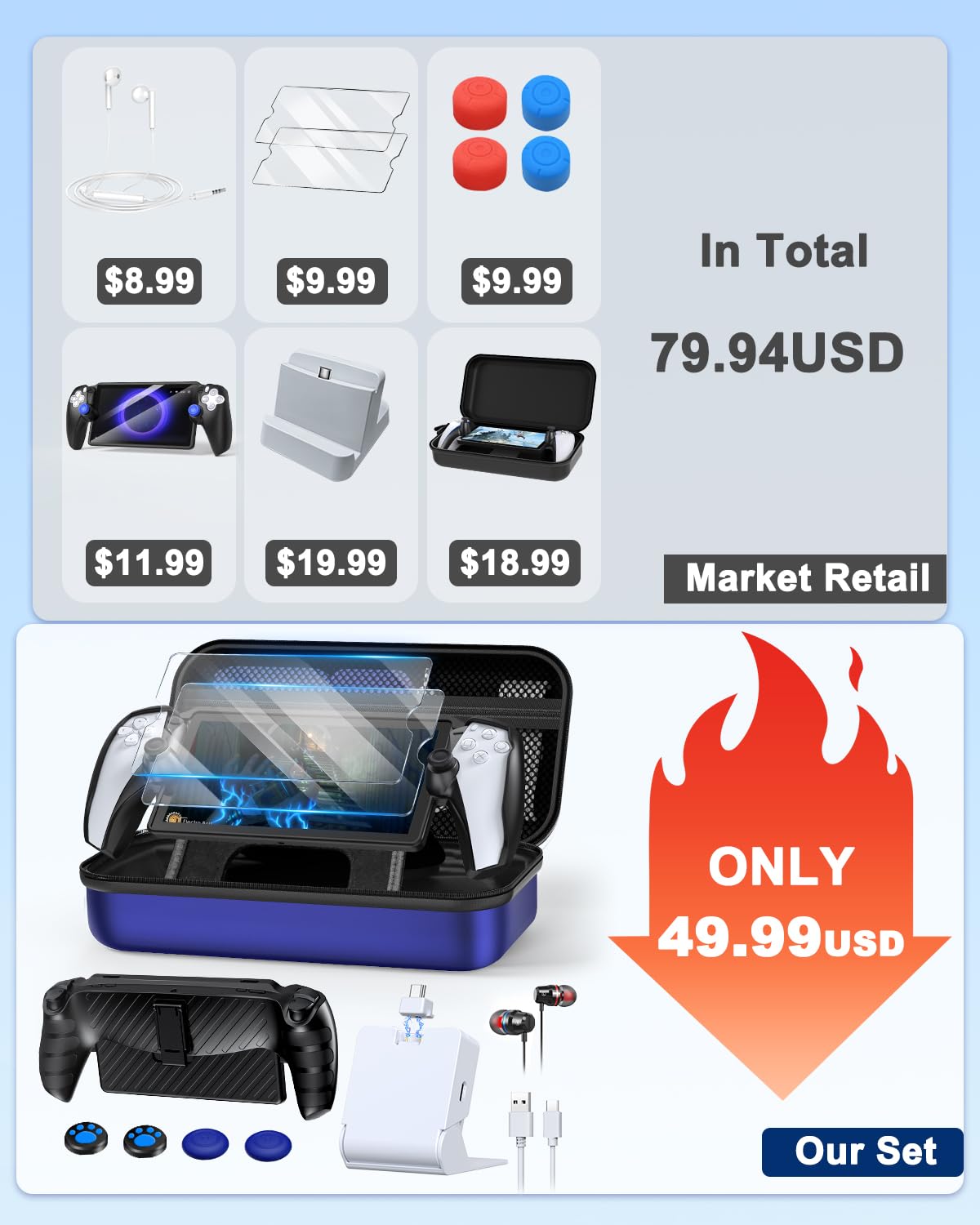 Thumbnail 1 de KOVA 13 in 1 Accessories Set for PlayStation Portal Remote Player (Blue) with Carrying Case, Charging Dock, TPU Shell, Screen Protectors & More