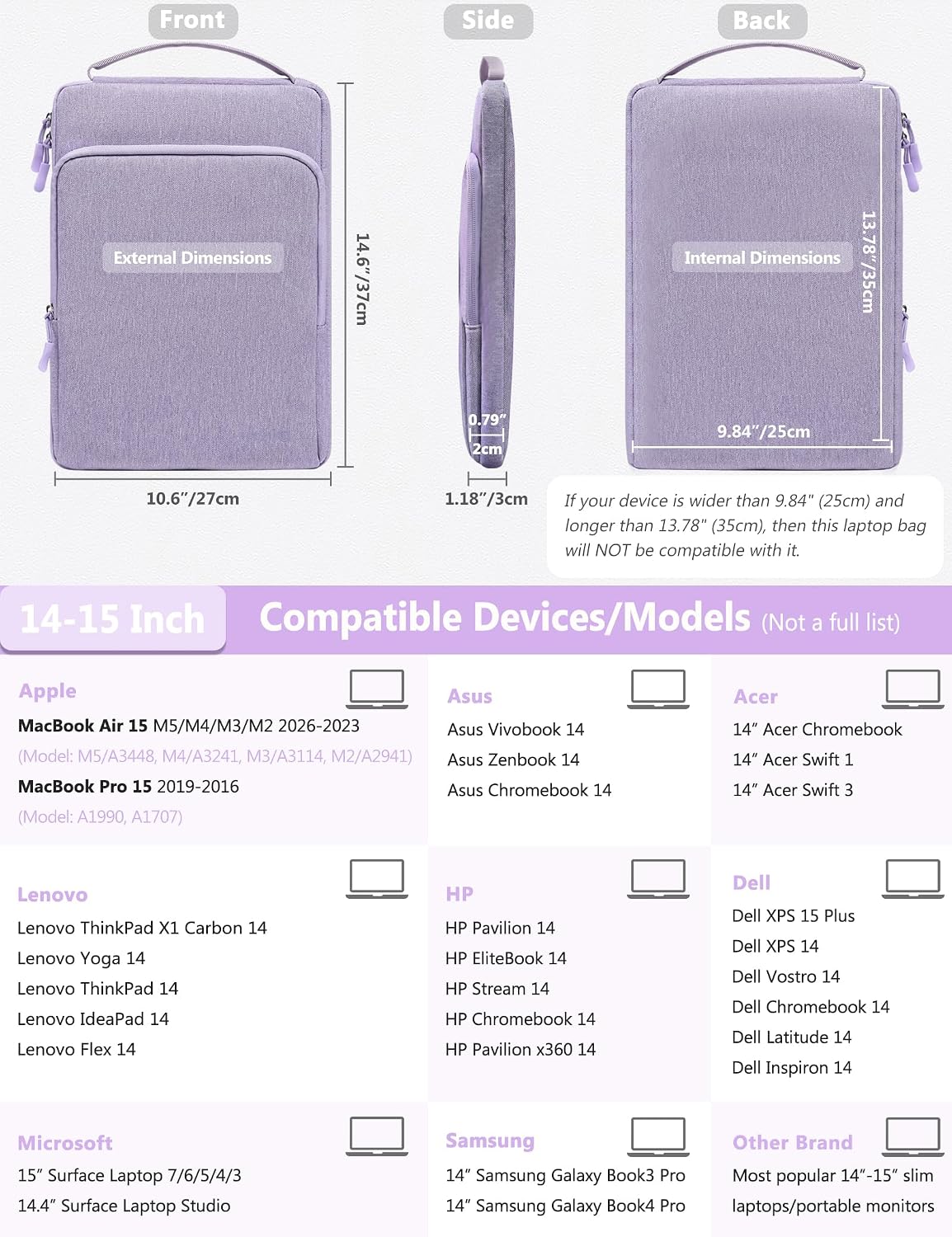 Detalle 2 de HYZUO 14-15 Zoll Laptop-Schutztasche Flieder Lila – 14–15 Zoll kompatibel mit MacBook Air/Pro, Dell, HP, Lenovo, Asus, Acer, Huawei