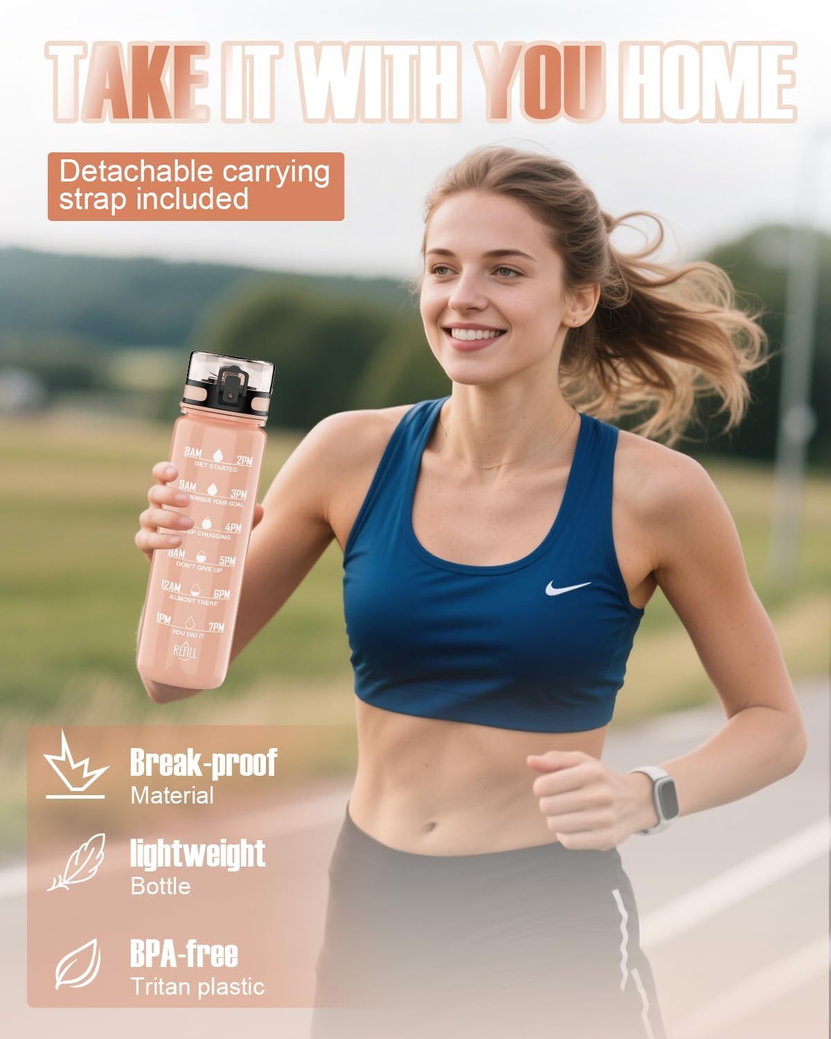 Thumbnail 5 de QIVORO 1-Litre Water Bottle (Pink) – BPA-free Tritan with Time Markers