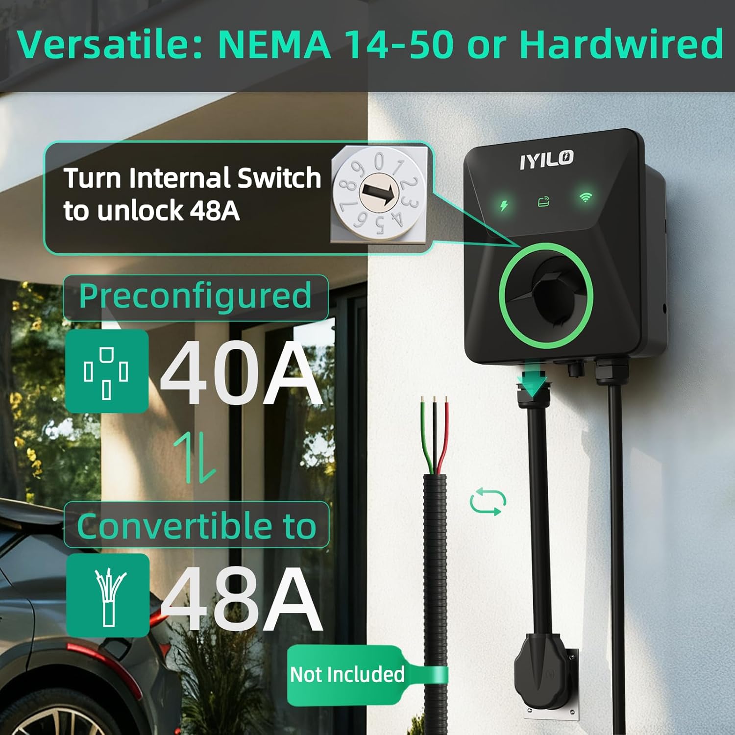 Thumbnail 2 de IYILO Level 2 EV Charger, 40-48A (11.5 kW) with Dual Temp Sensors, Wi‑Fi 2.4 GHz, RFID & App Control