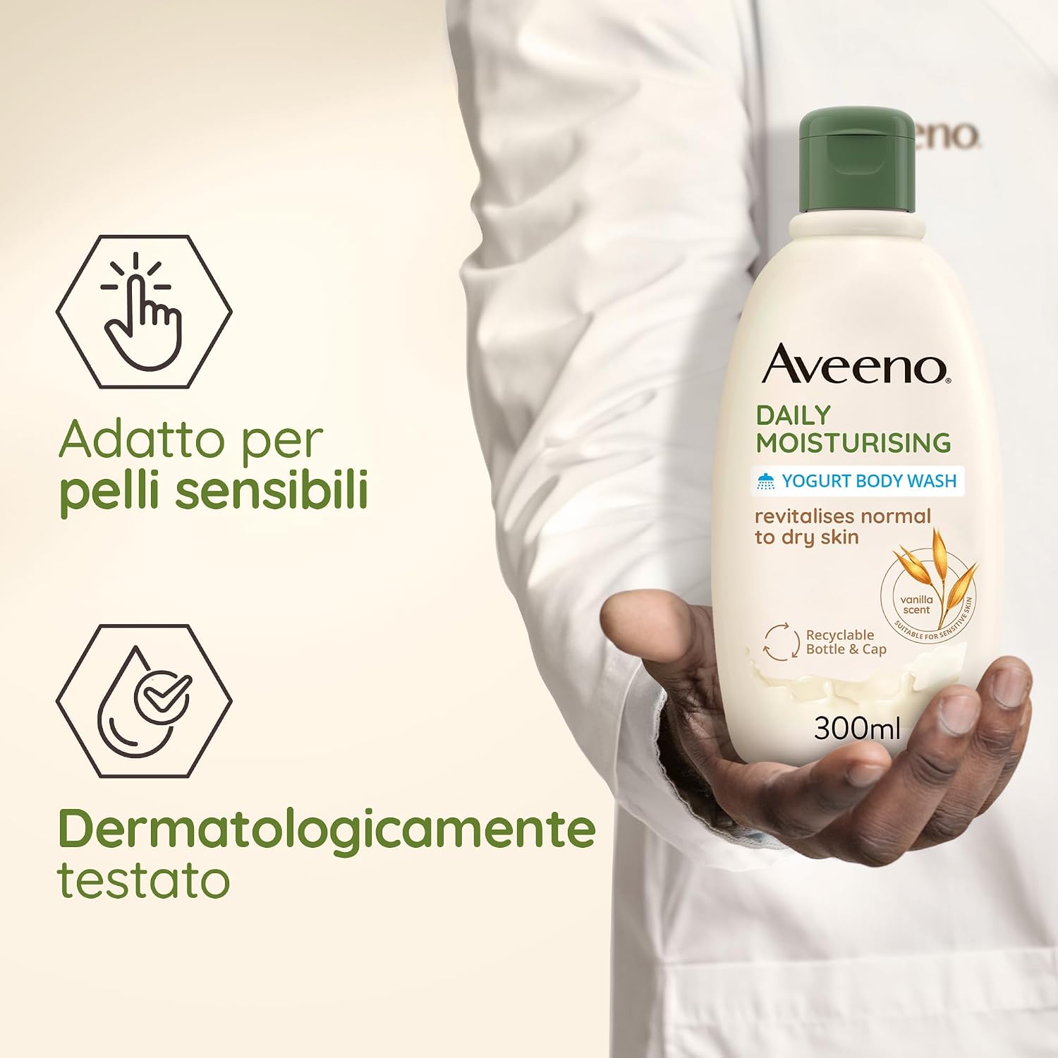 Detalle de Aveeno Daily Moisturising Bagnoschiuma Allo Yogurt: detersione delicata per pelli sensibili con Avena e Yogurt Greco