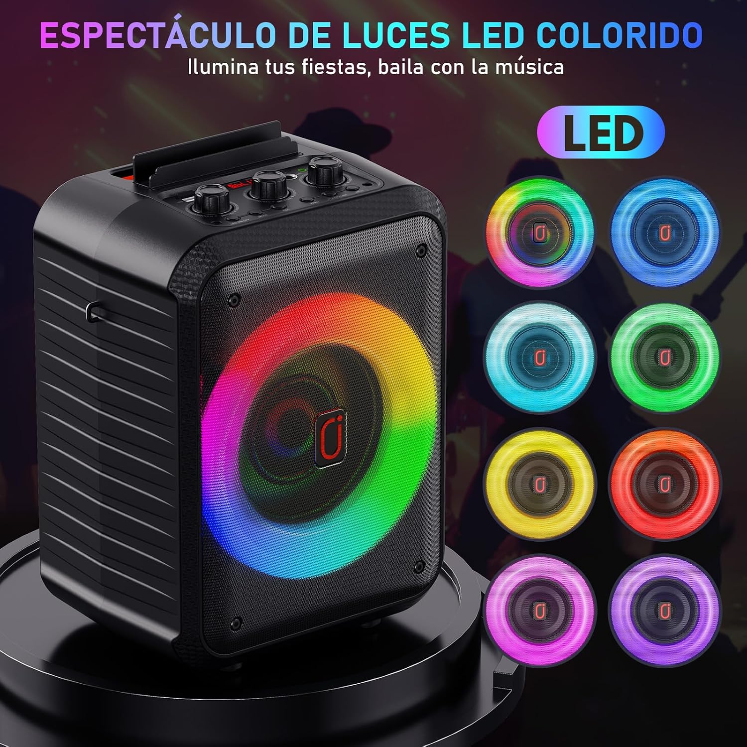 Detalle de HWWR Máquina de karaoke: altavoz PA portátil con 2 micrófonos, luces RGB y Bluetooth 5.3