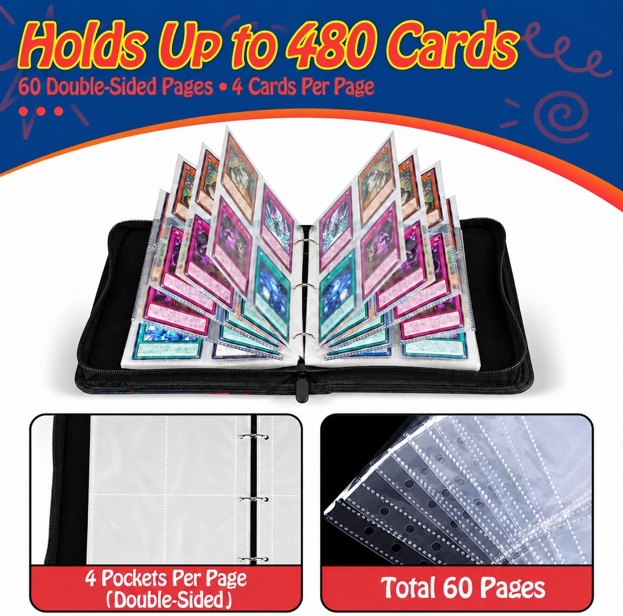 Detalle de CNCY glq-1 4-Pocket Trading Card Binder, 480-Card Capacity, PU Leather