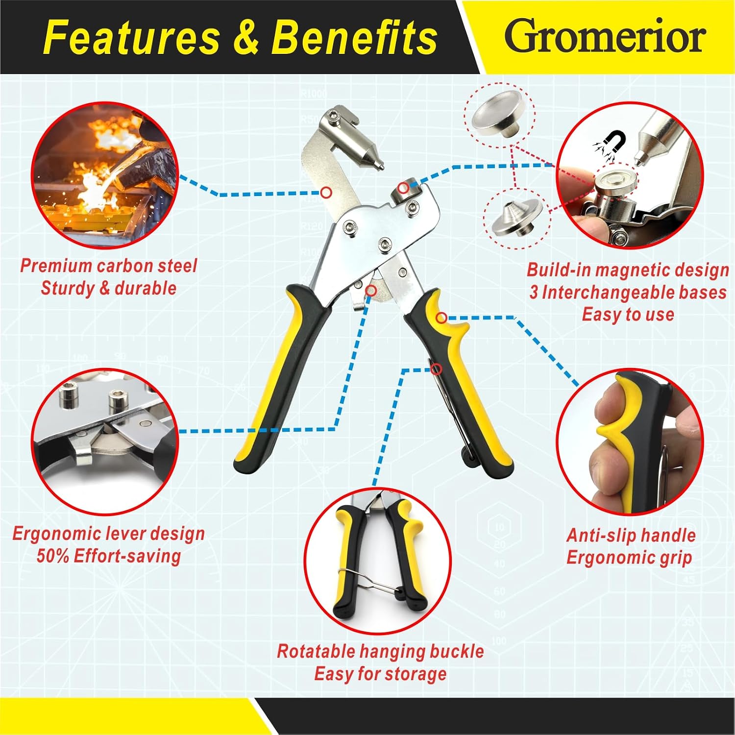 Thumbnail 2 de Gromerior Gro-2A Snap Fastener Kit, 15 mm Stainless Steel Snaps and Hand Pliers