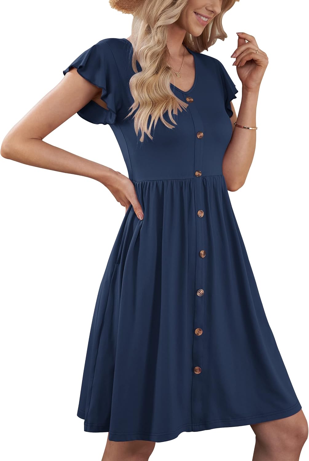 Detalle 2 de AUSELILY Summer Ruffle-Sleeve Midi Dress with Pockets and Elastic Waist