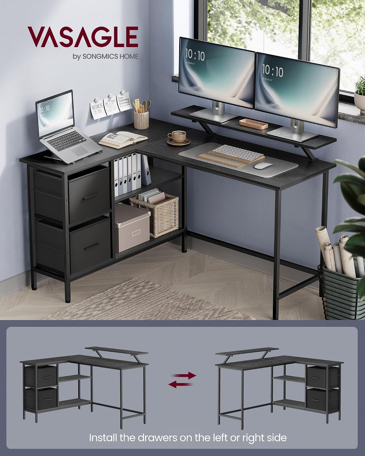 Thumbnail 2 de VASAGLE BARNET LWD098B56 L-Shaped Computer Desk with Drawers and Monitor Stand