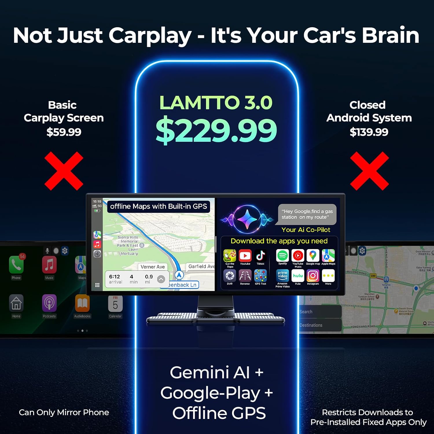 Thumbnail 2 de LAMTTO 11'' AI CarPlay Screen with Gemini AI, Google Play Apps, and 8-Core Performance