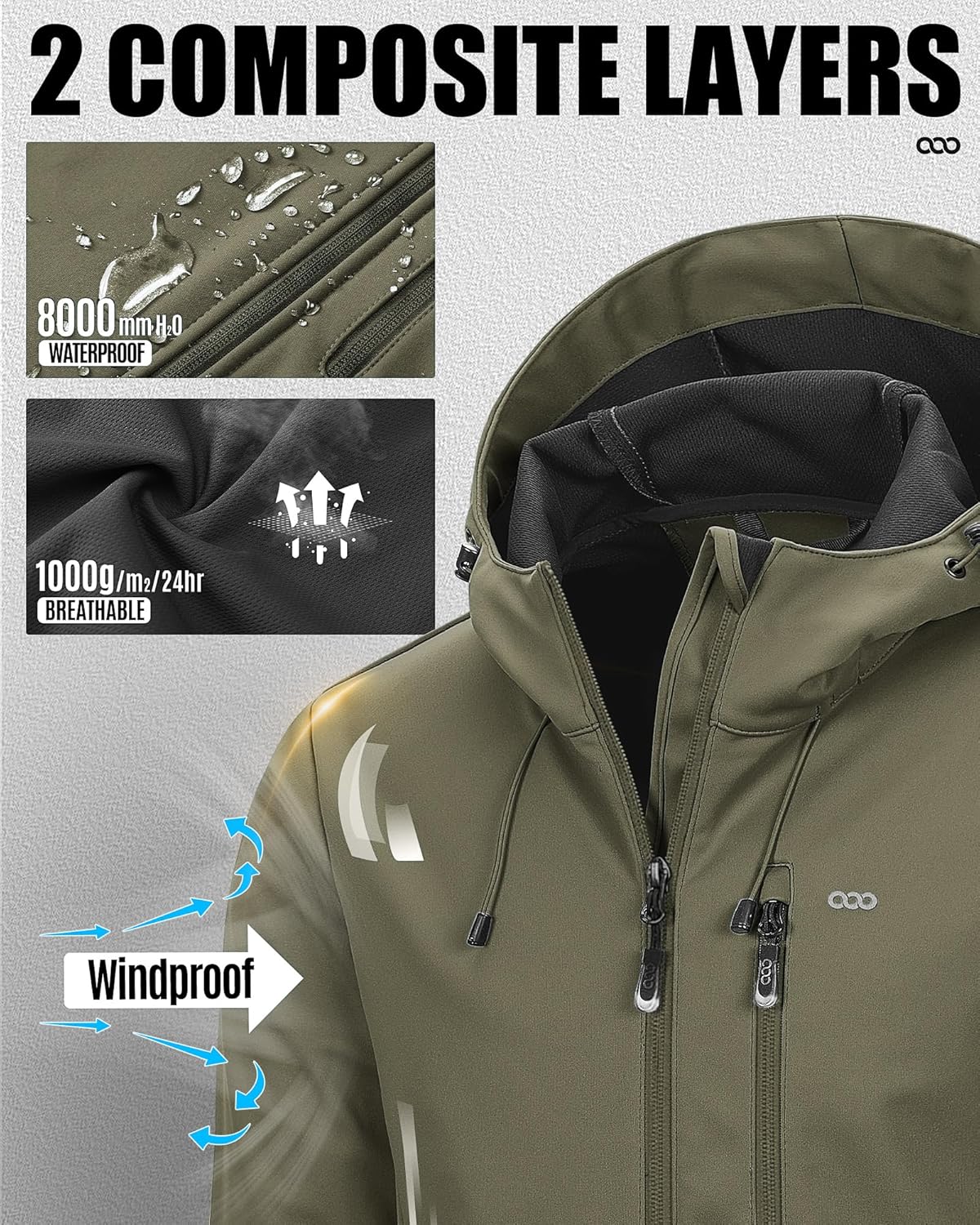 Thumbnail 2 de 33,000ft Herren Softshelljacke mit Kapuze – winddicht, wasserabweisend und atmungsaktive Übergangsjacke