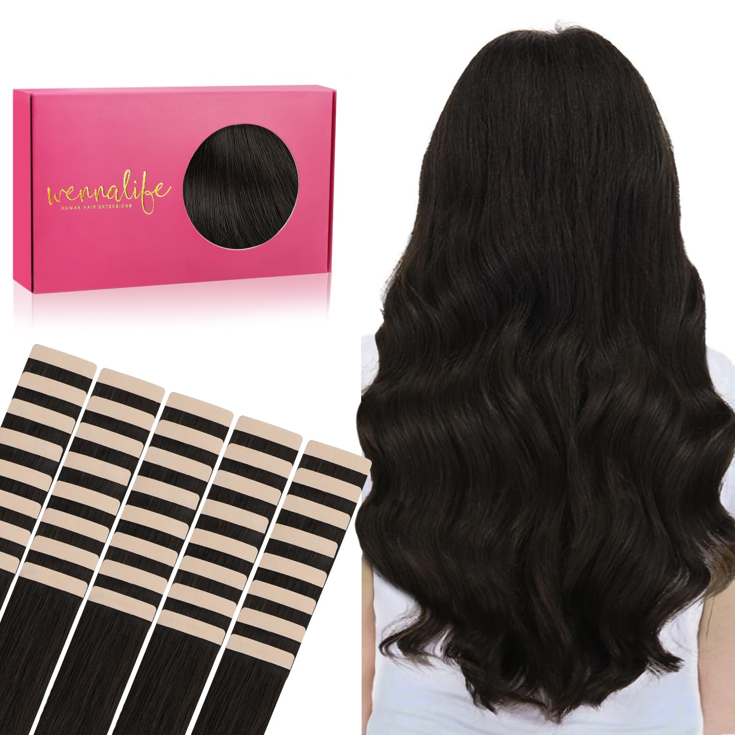 Detalle de WENNALIFE Echthaar Tape-In Extensions 30,5 cm Dunkelbraun, 40 Stück – Wiederverwendbare Haarverlängerungen mit unsichtbarem Klebeband