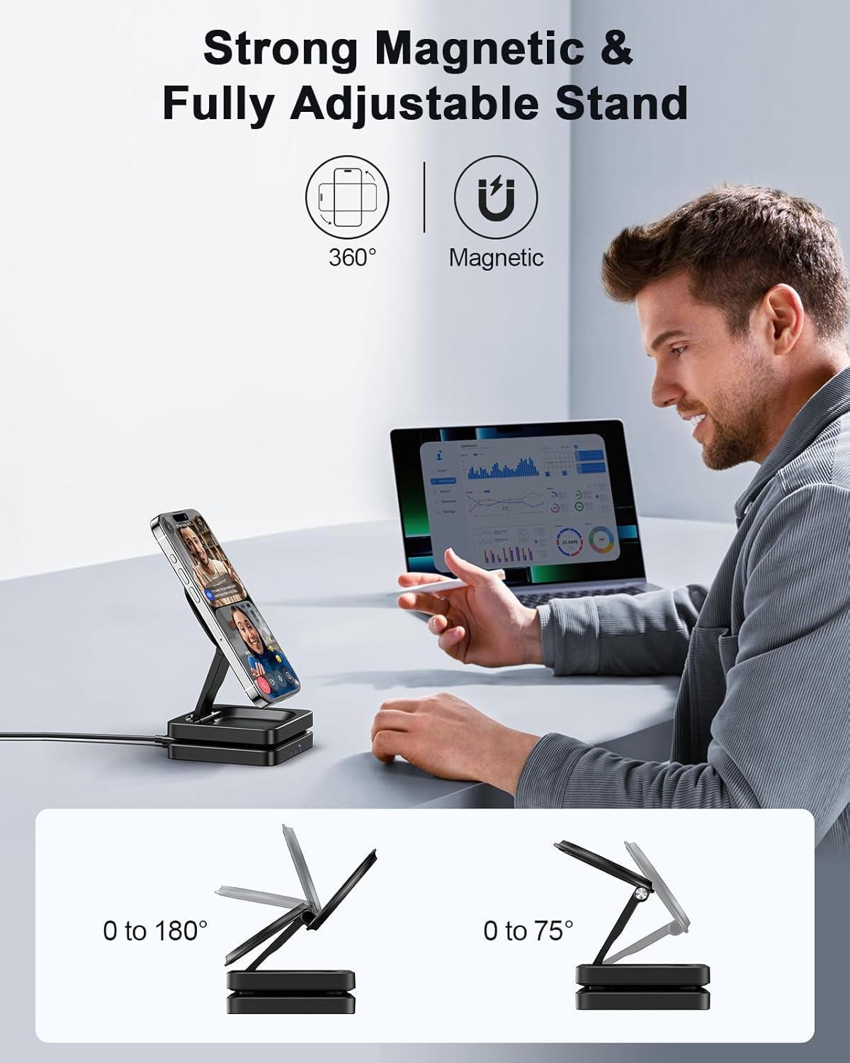 Thumbnail 4 de ADADPU 3 in 1 Magnetic Wireless Charging Stand (20W Included) – Foldable Travel Dock for iPhone, Apple Watch and AirPods