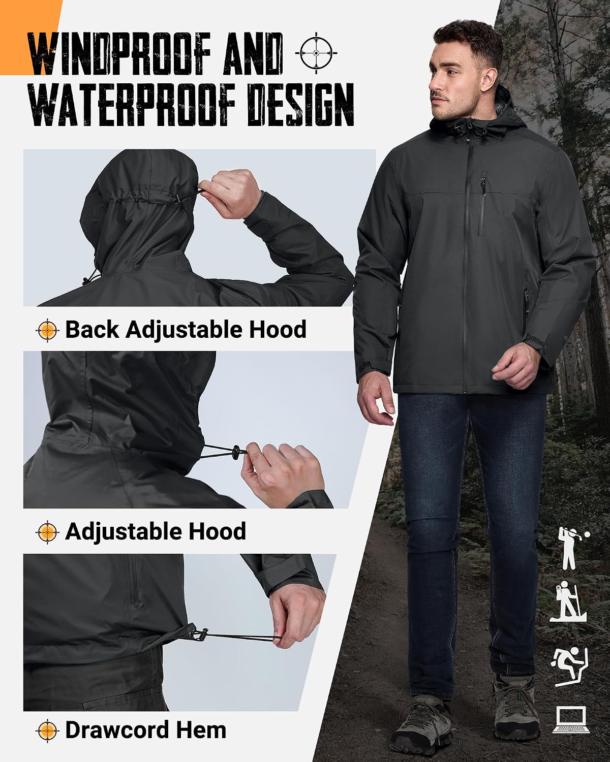 Detalle de 33,000ft Men's Packable Rain Jacket, 10,000mm Waterproof, Breathable Shell
