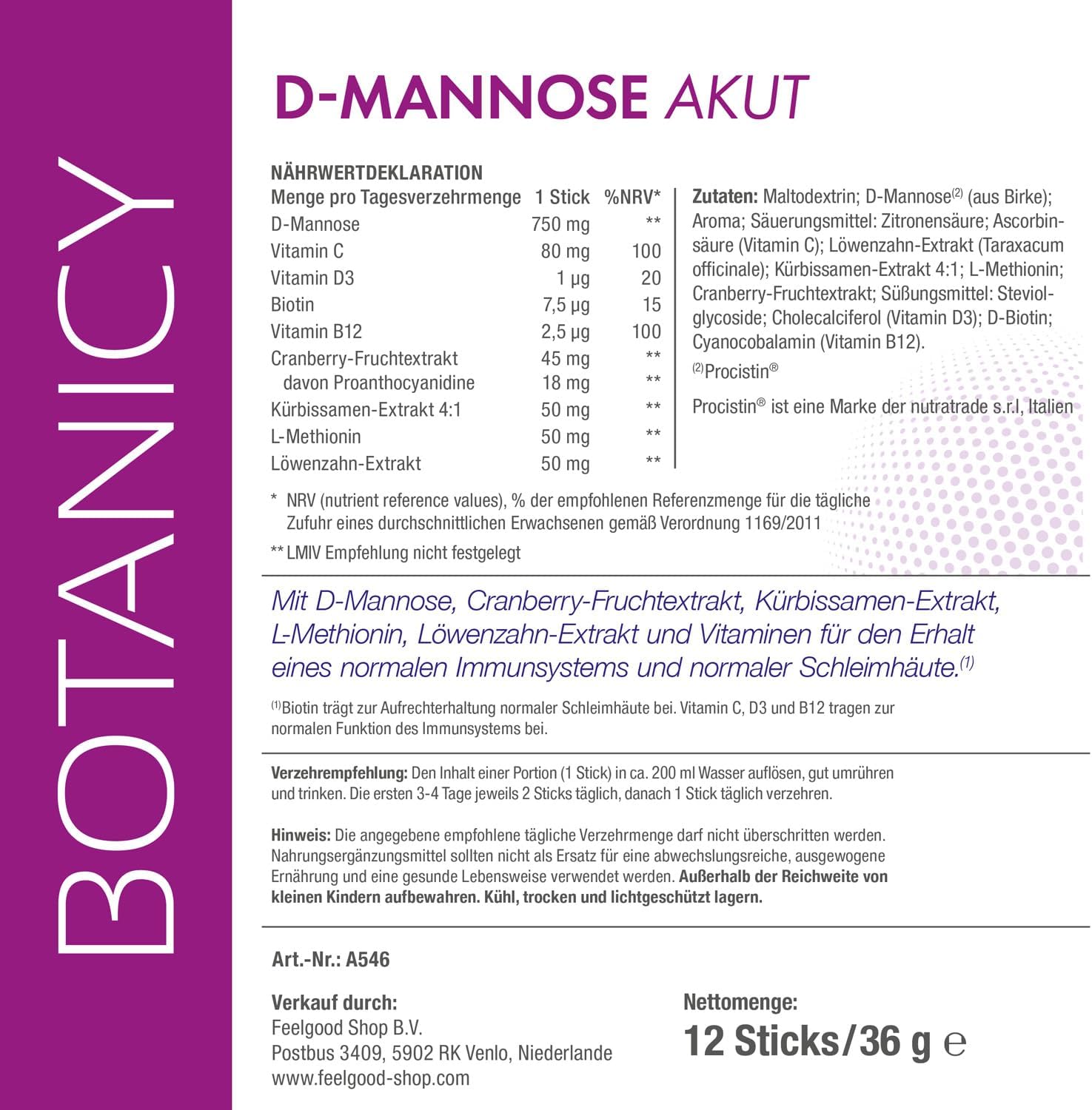 Thumbnail 6 de BOTANICY D-Mannose + Cranberry akut – PROCISTIN D-Mannose Pulver mit Cranberry, 36 Sticks