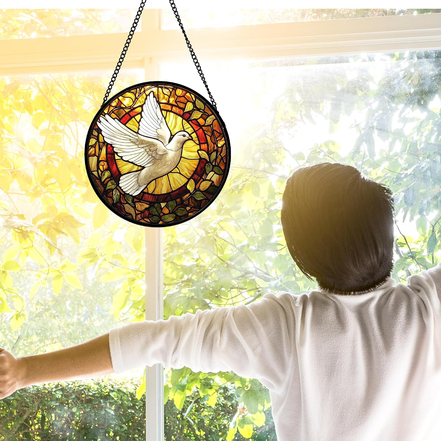 Detalle 2 de DASTOLL Flying White Dove Stained Glass Suncatcher, 6.3-Inch Window Hanging