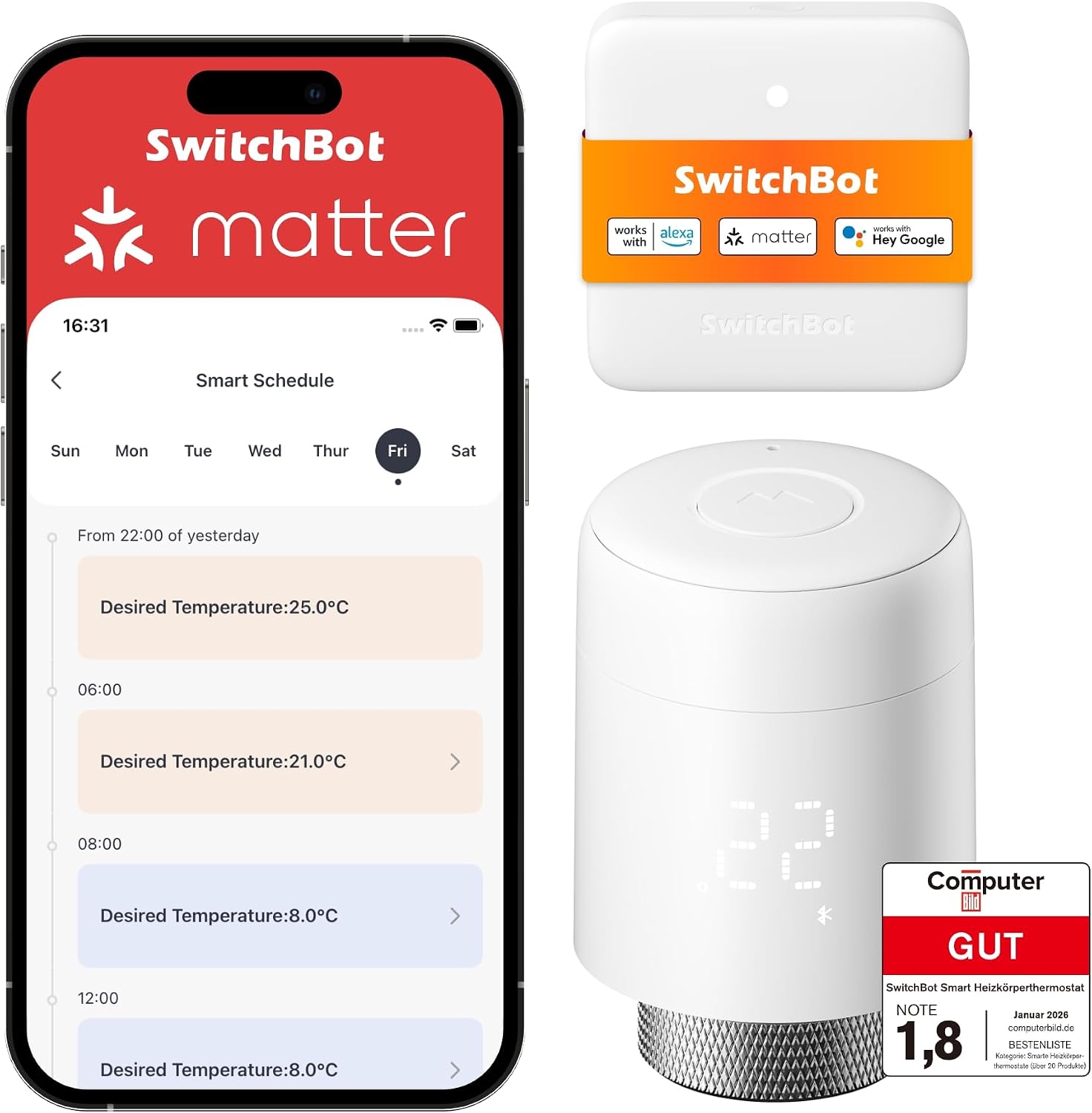 Detalle de SwitchBot Smart Heizkörperthermostat Matter Combo – Bluetooth-Thermostat mit App & Zeitplanung