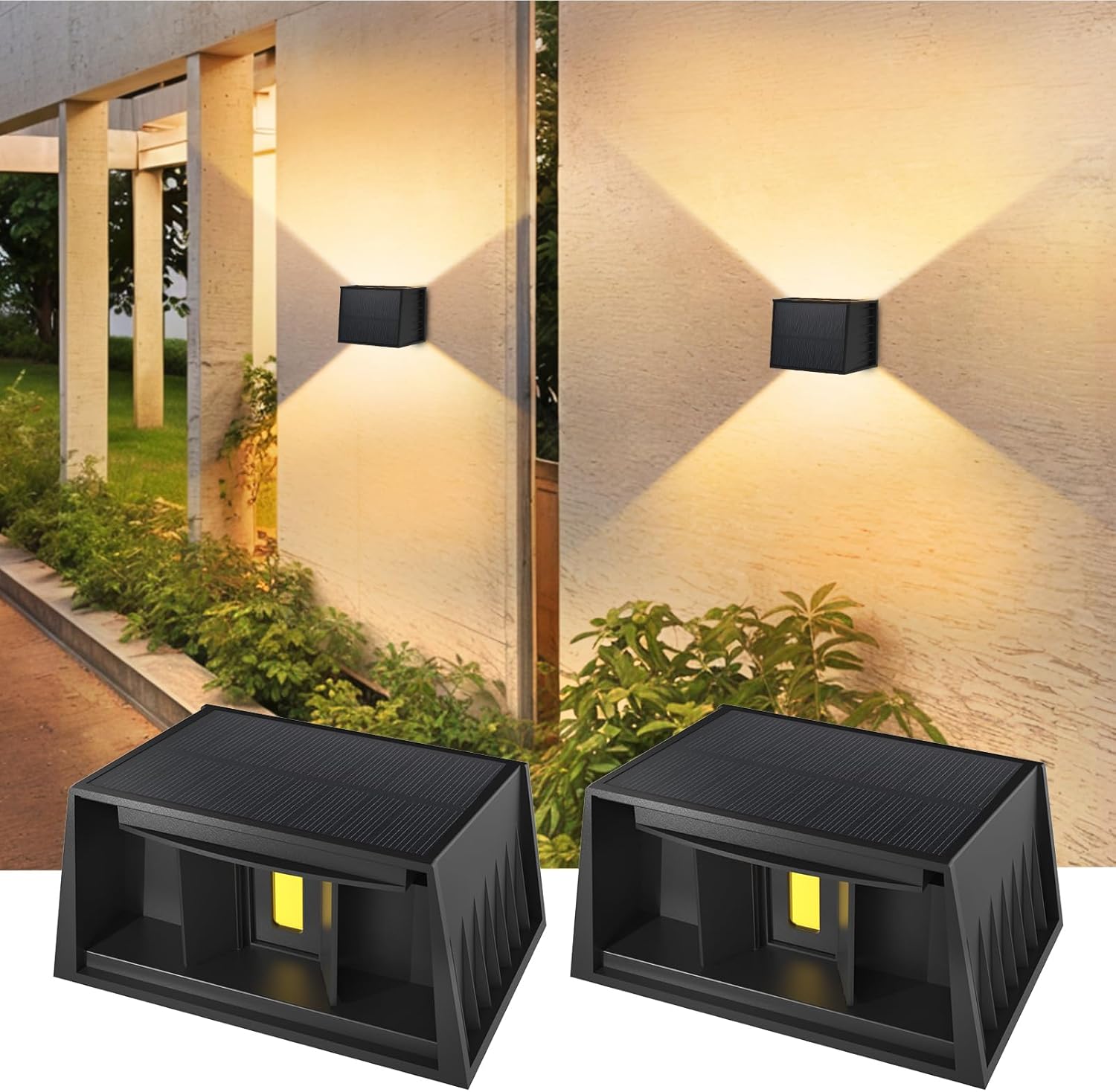 Detalle de T-SUN 2 Pezzi Applique Solare da Esterno Nero – Luce Calda 3000K, IP65, Up/Down