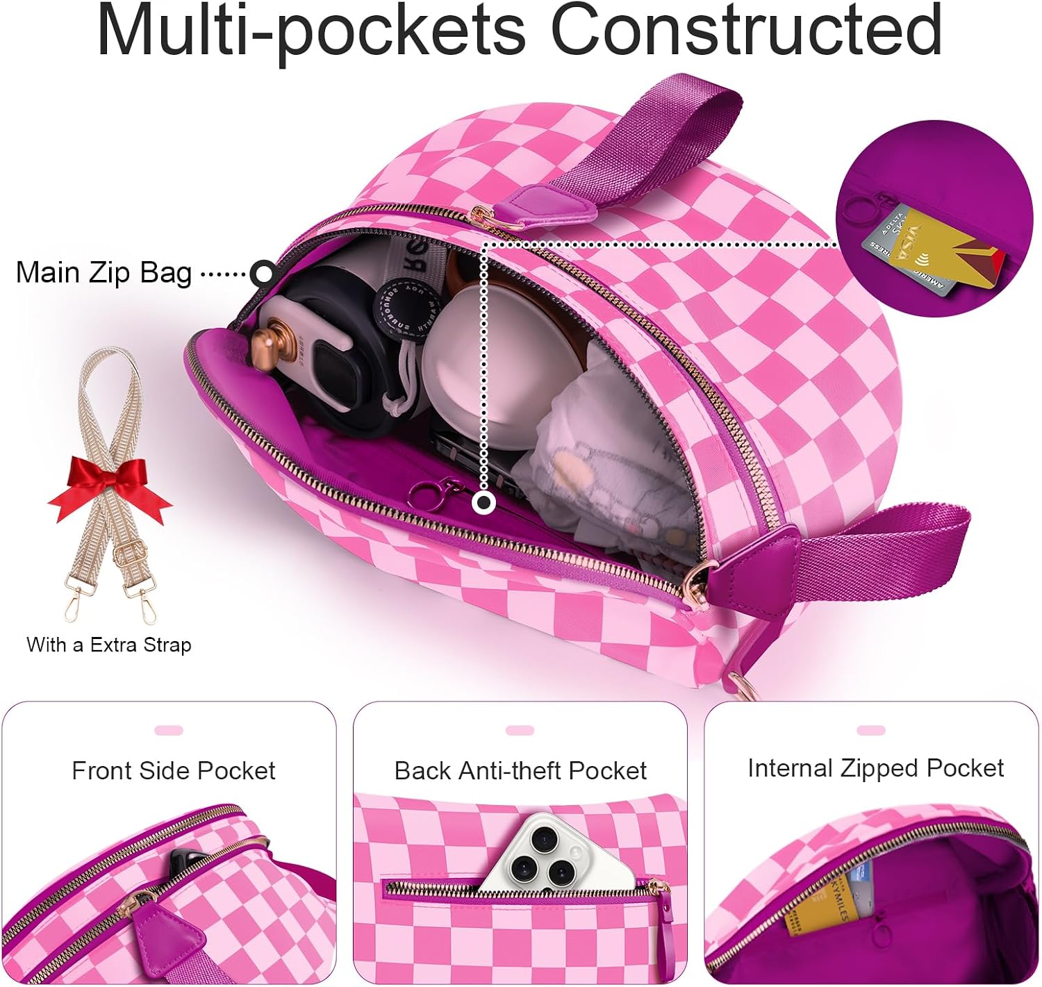 Detalle 2 de Rose Checkered Bum Bag with Removable Wallets