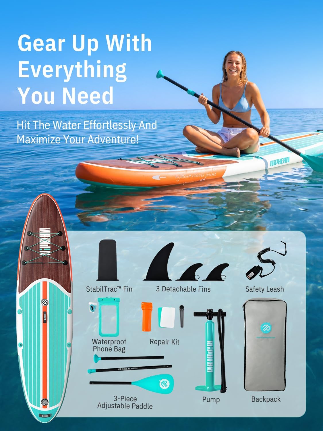 Detalle 2 de Niphean 10’6" Inflatable Paddle Board (SUP) with EVA Deck, Pump, Backpack & Accessories