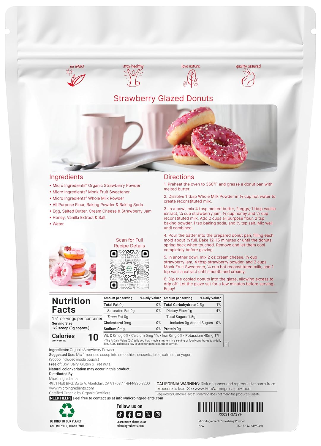 Detalle de Micro Ingredients AAKG Organic Freeze-Dried Strawberry Powder, 1 lb