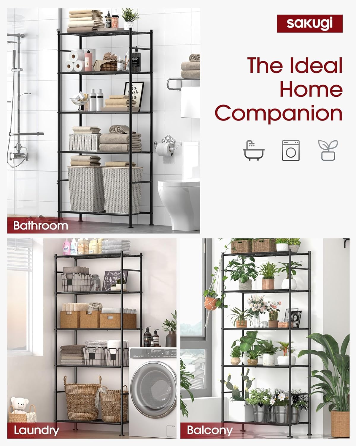 Detalle de Sakugi Storage Shelves 5-Tier Metal Shelving Unit with Leveling Feet (Black) – 72" H, Garage/Closet/Pantry Organizer
