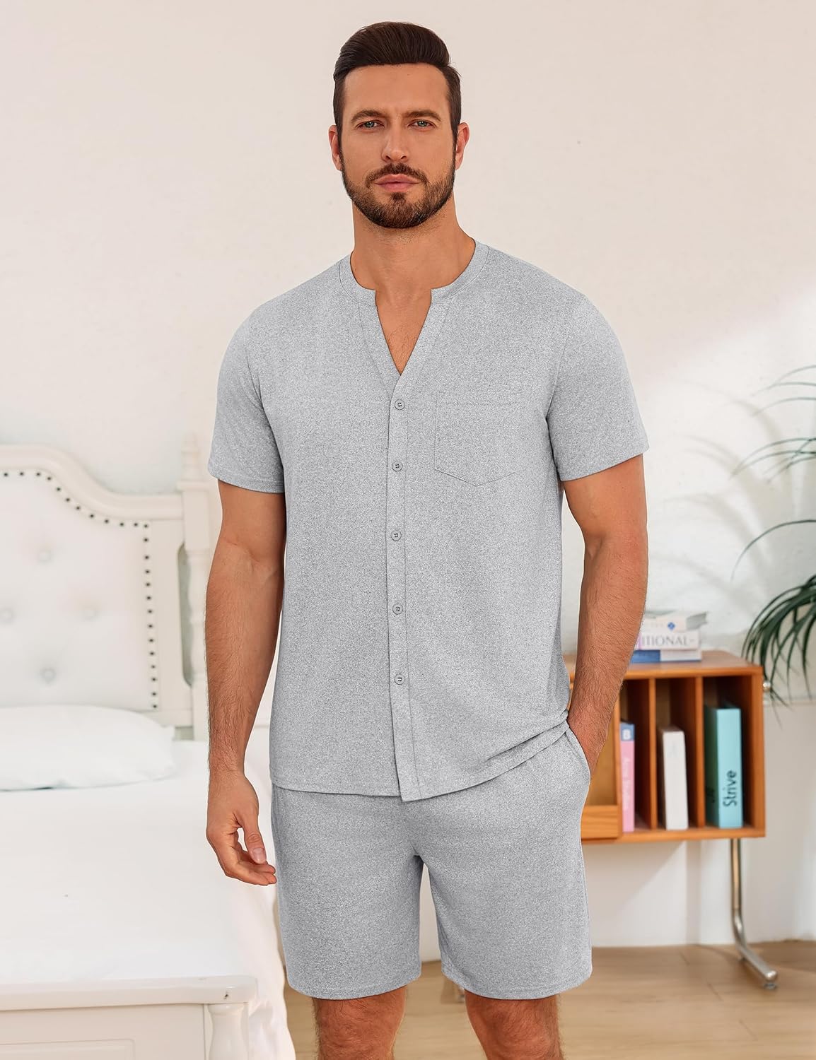 Detalle de Demegimi Men's Summer Short Pyjama Set – 2-Piece Short Sleeve Top & Pyjama Shorts