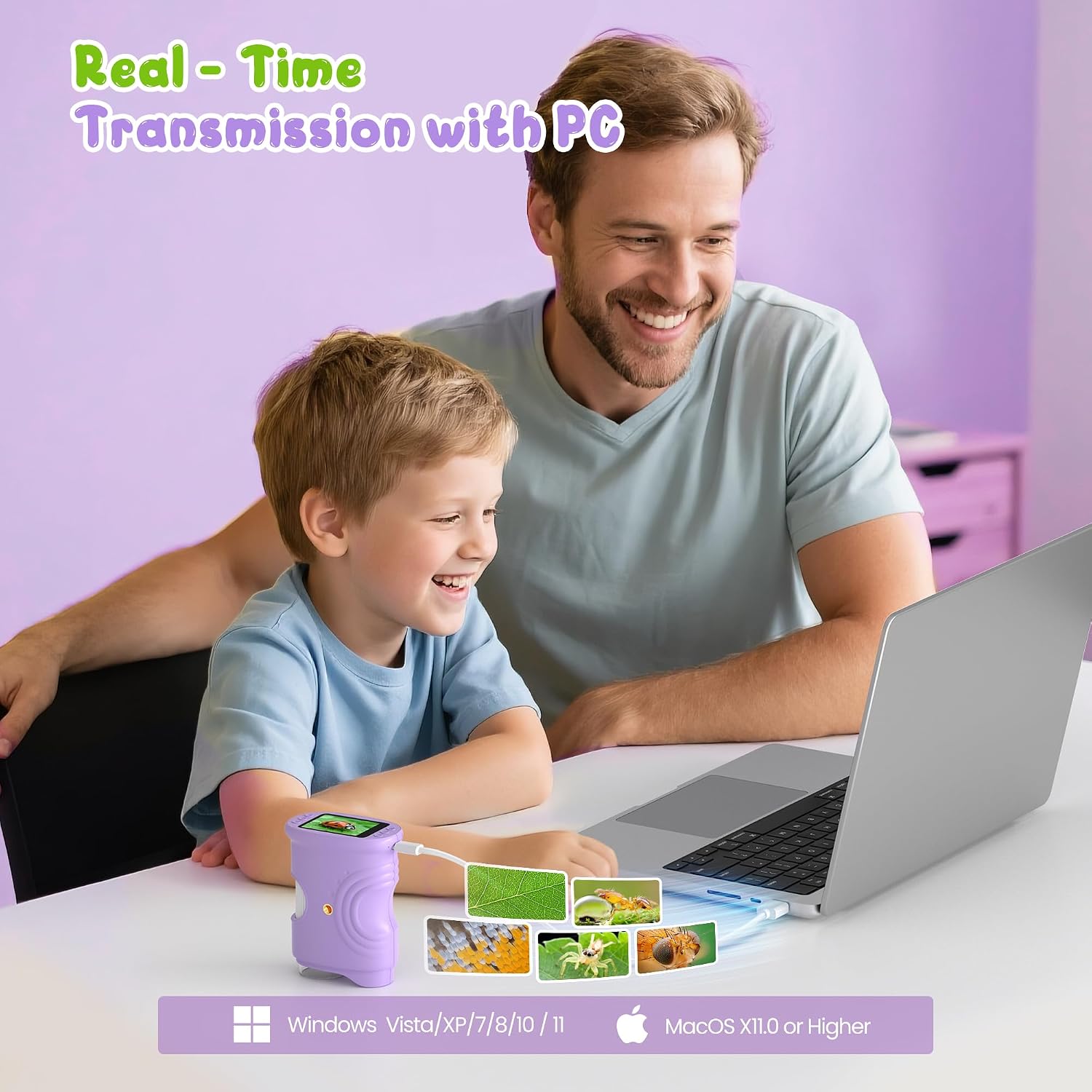 Detalle de 1000X Handheld Digital Microscope for Kids with 2.0" IPS Screen, 2MP camera and manual focus (purple)