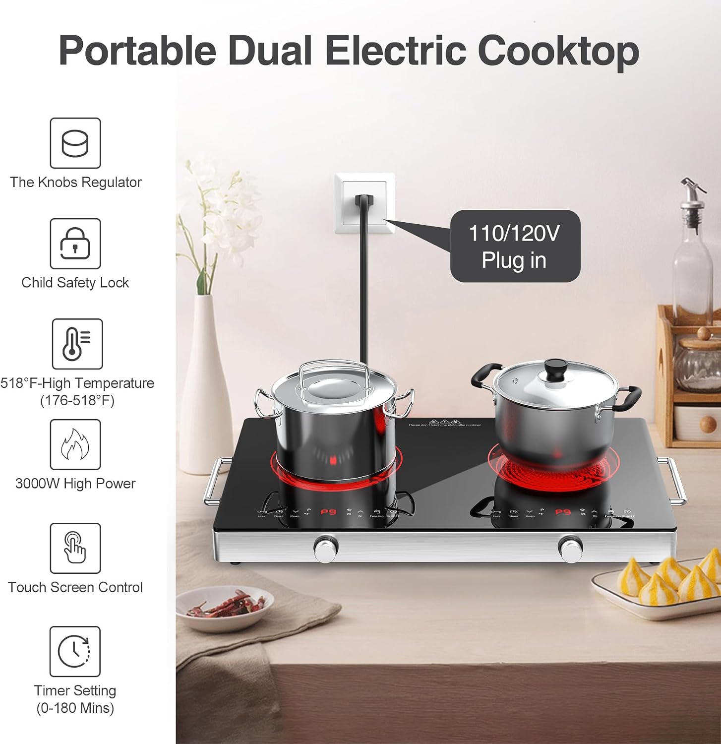 Detalle de VBGK DT3 Radiant Electric Cooktop, Dual Zones, 9 Power Levels, Knob Control