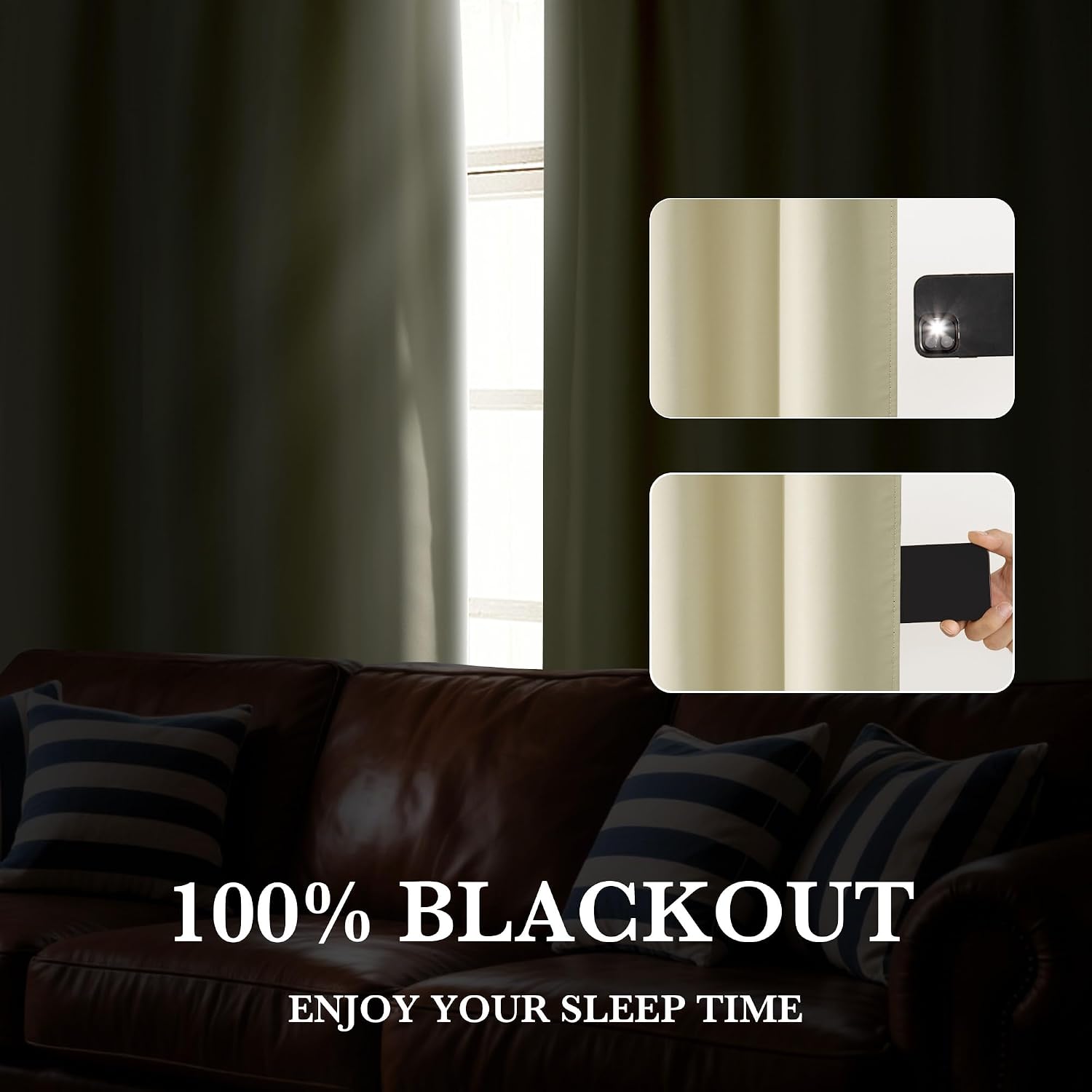 Detalle de RYB HOME 100% Blackout Short Curtains for Small Windows – Beige, 42 x 48 inches (2 Panels)