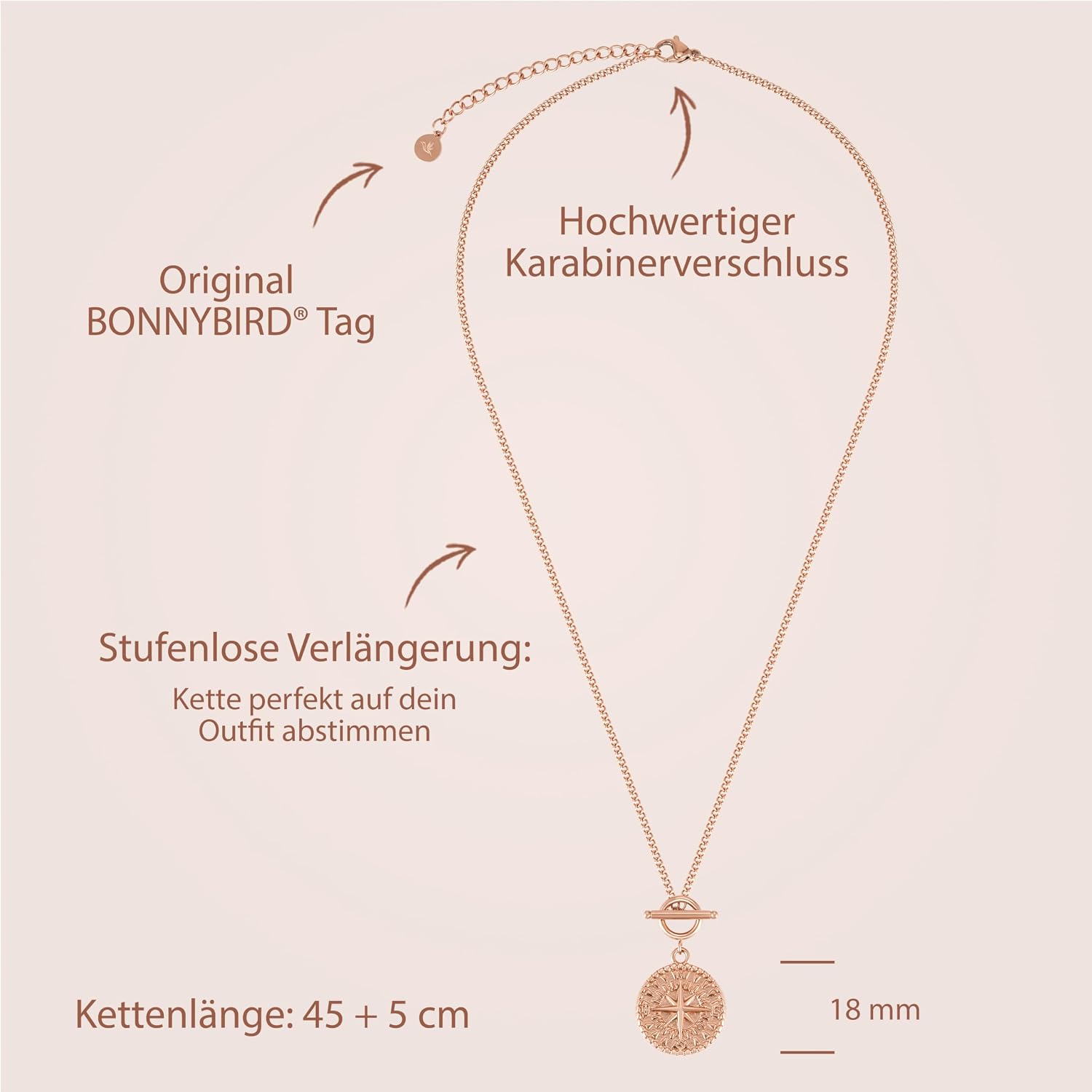 Detalle de BONNYBIRD BonnyCompass Wasserfeste Edelstahl-Kompasskette für Damen – 45–50 cm, silber/gold/roségold