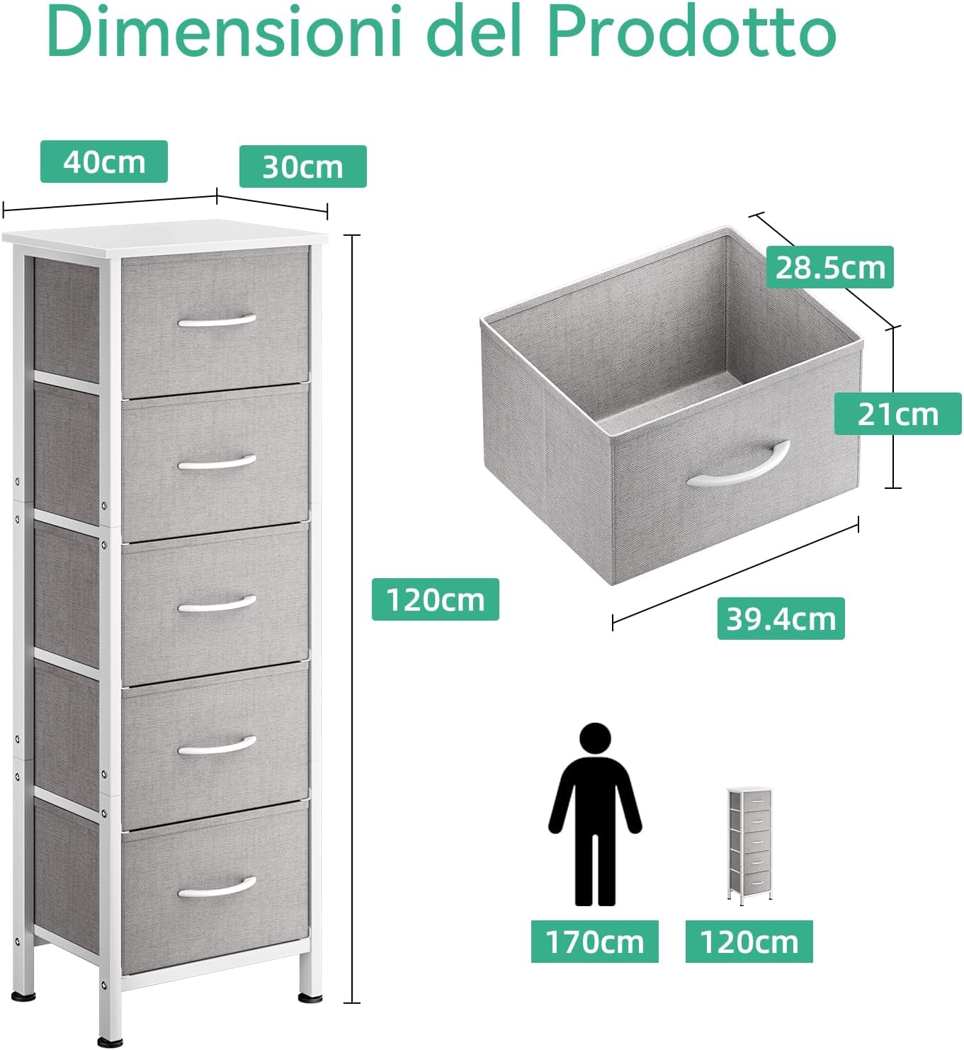 Detalle 2 de Coleshome Cassettiera 40x30x120 cm grigio chiaro