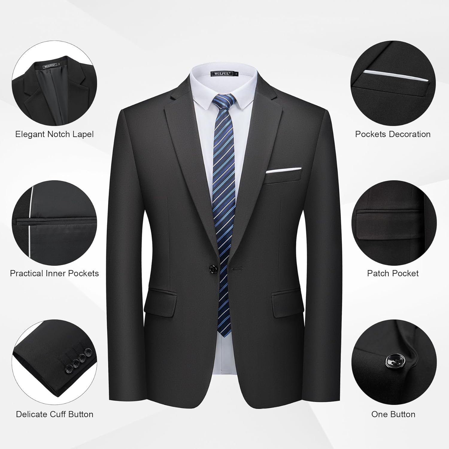 Thumbnail 3 de WULFUL 2-Piece Slim-Fit Men’s Suit Set with One-Button Blazer Jacket and Tuxedo-Style Pants