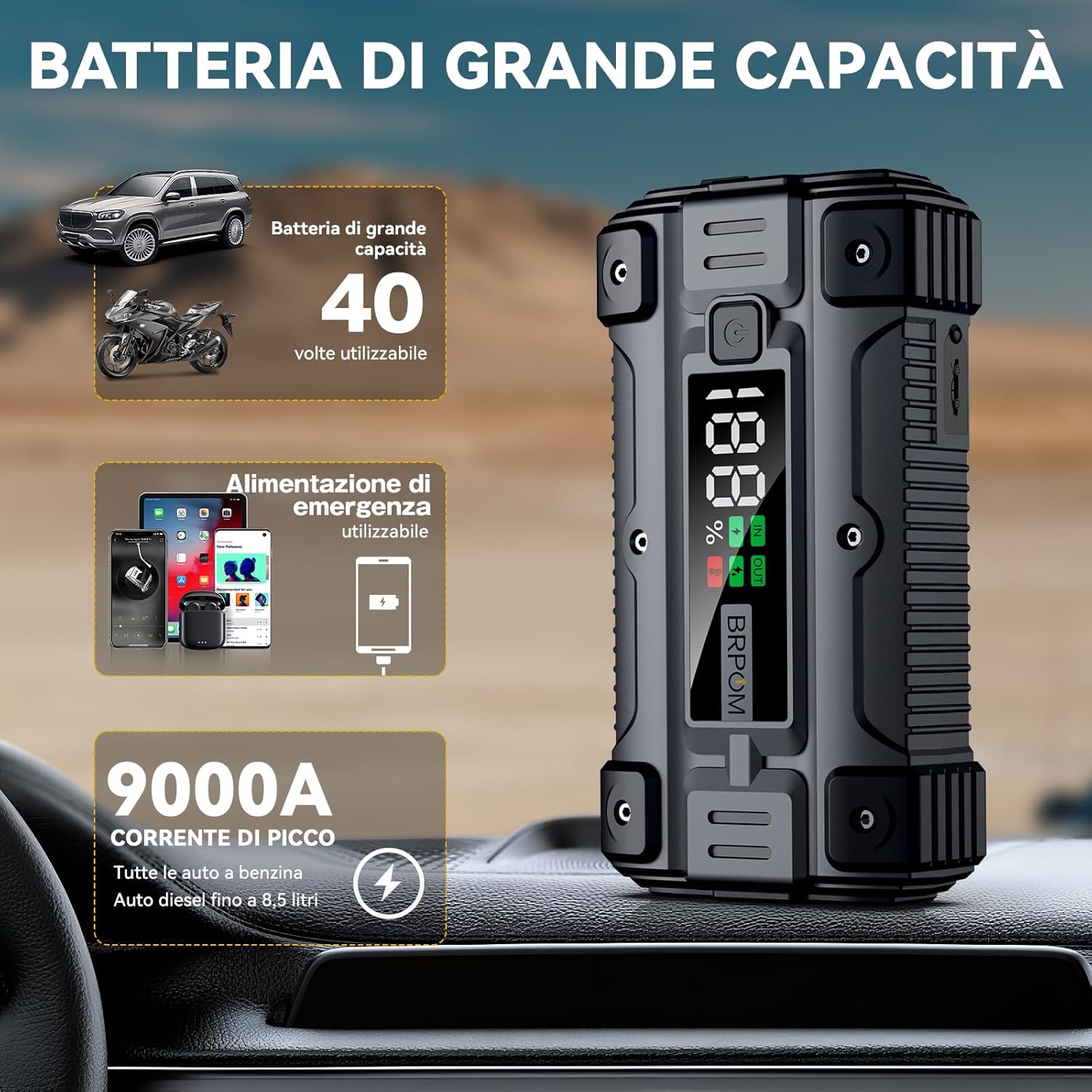 Thumbnail 4 de BRPOM Avviatore Batteria Auto BM502: 9000A di Avviamento d’Emergenza con Power Bank 26800 mAh