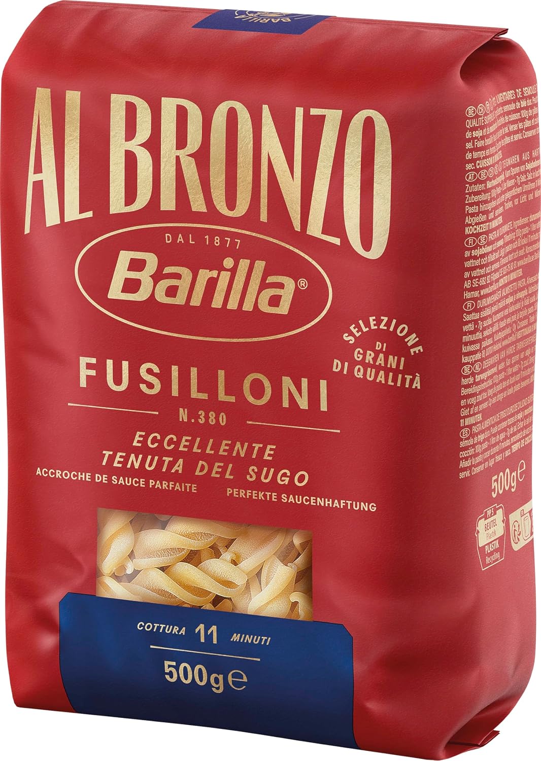 Detalle de Barilla Al Bronzo Fusilloni 500 g im 4er-Pack – Pasta aus Bronzeformen mit perfekter Saucehaftung